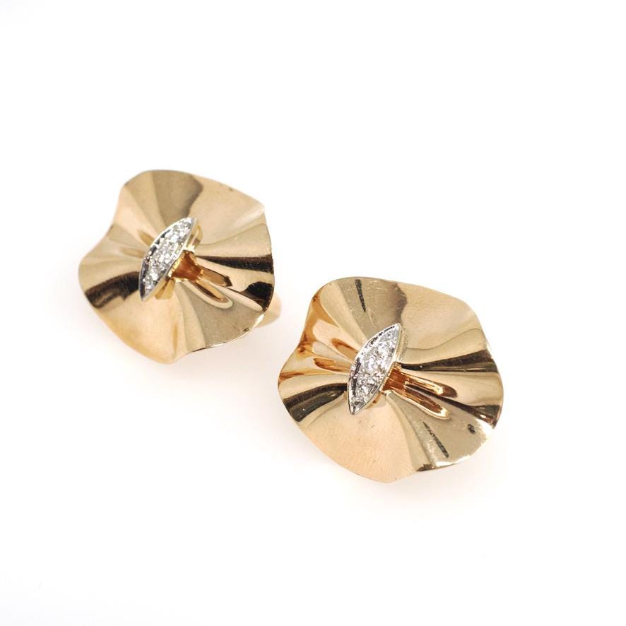 Retro Ribbon Earrings - Retro 14k Yellow & White Gold .06 CTW Natural Diamonds - Circa 1940s Era Statement Folded Disc Design Fine Jewelry