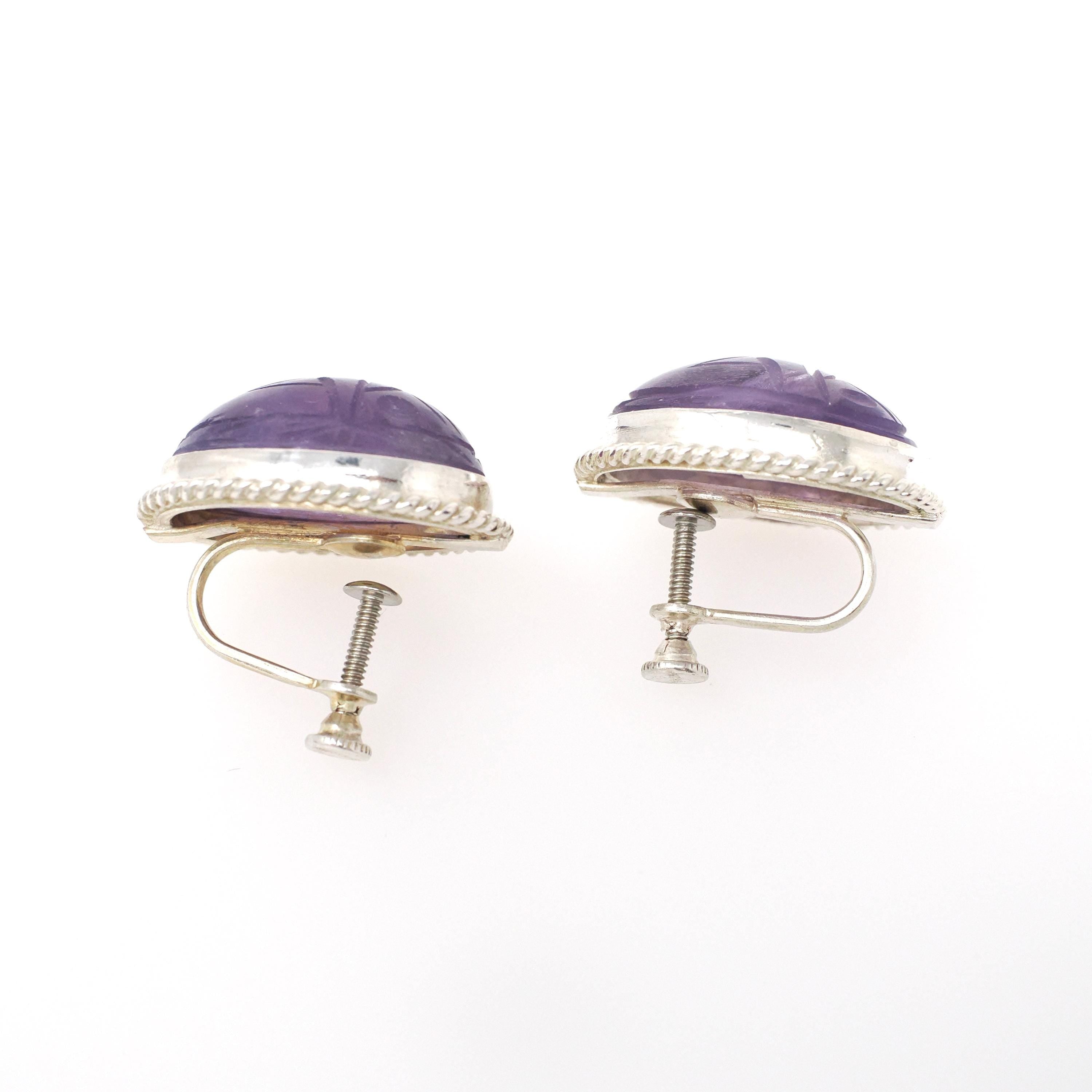 Vintage Scarab Earrings - Mid Century Sterling Silver Natural Carved Amethyst Screw Backs - Circa 1960s Egyptian Revival Fashion Jewelry