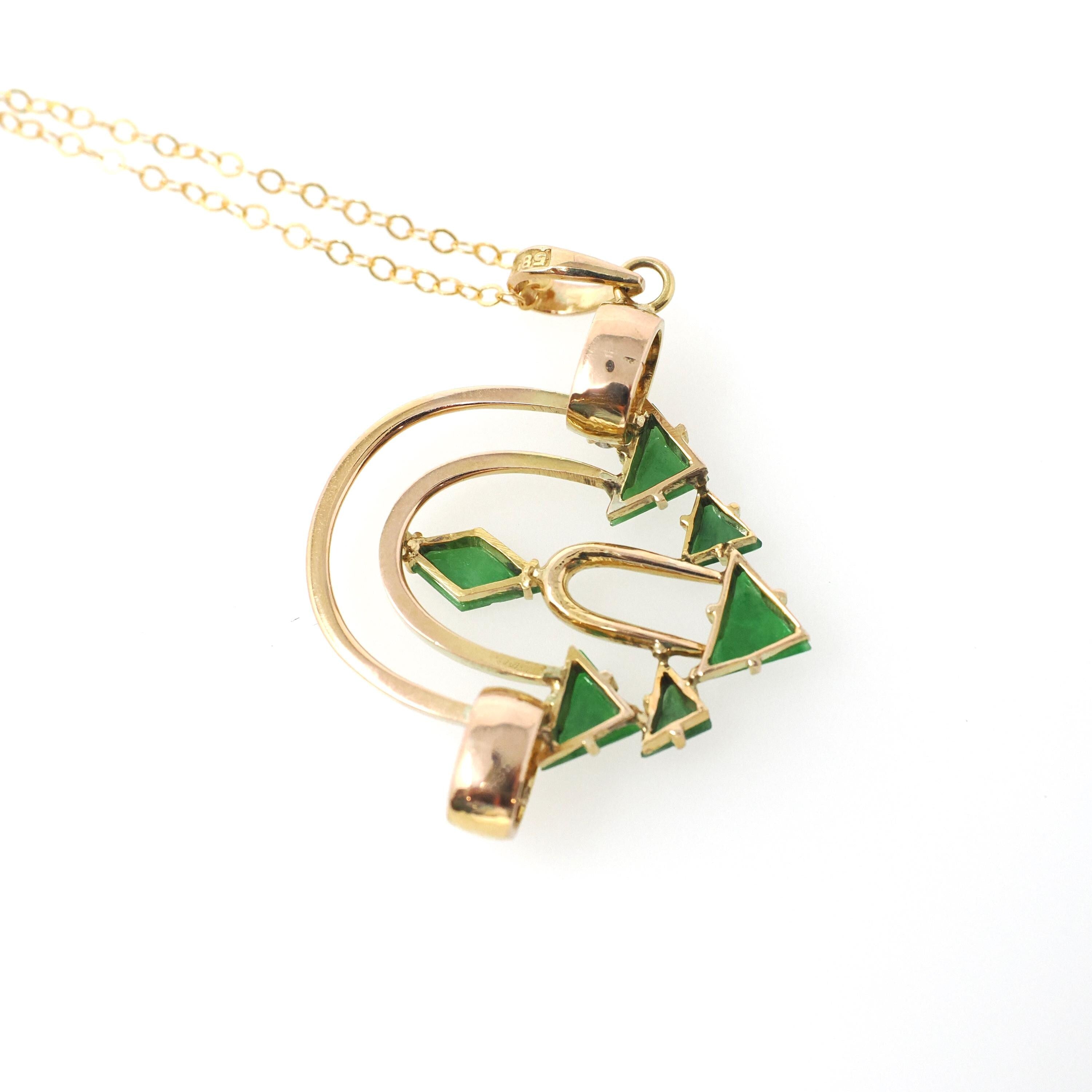 Modernist Pendant Necklace - 14k Yellow Gold Natural Jadeite Jade & .16 CTW Natural Diamonds - Circa 1970's Era Arrow Design Fine Jewelry