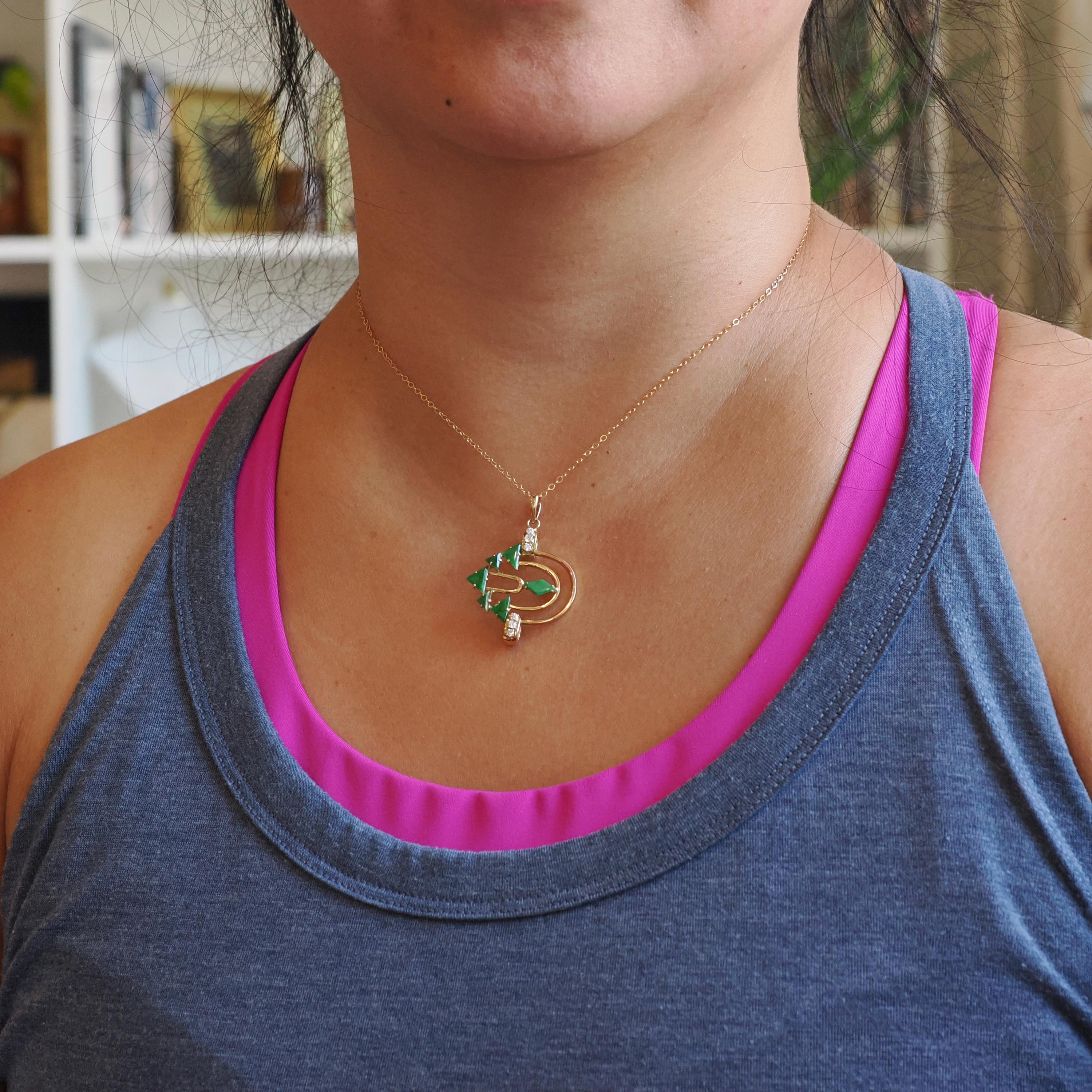 Modernist Pendant Necklace - 14k Yellow Gold Natural Jadeite Jade & .16 CTW Natural Diamonds - Circa 1970's Era Arrow Design Fine Jewelry