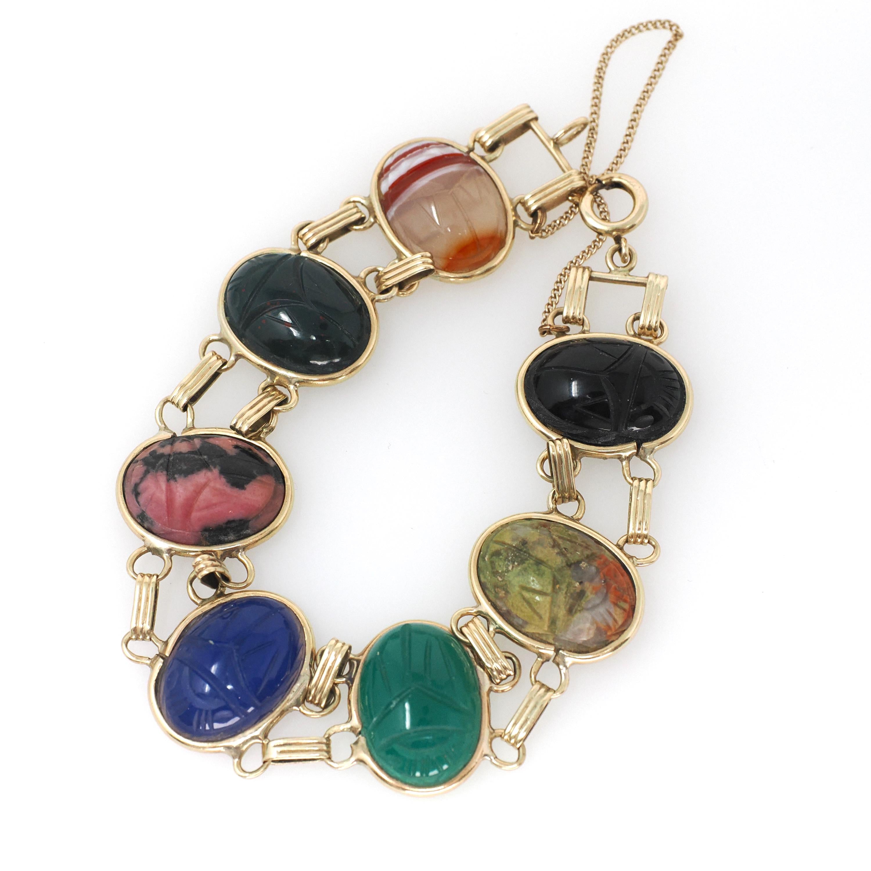 Vintage Scarab Bracelet - 12k Gold Filled Carved Natural Gems - Circa 1960s Egyptian Revival Bloodstone Banded Agate Rhodonite Jewelry