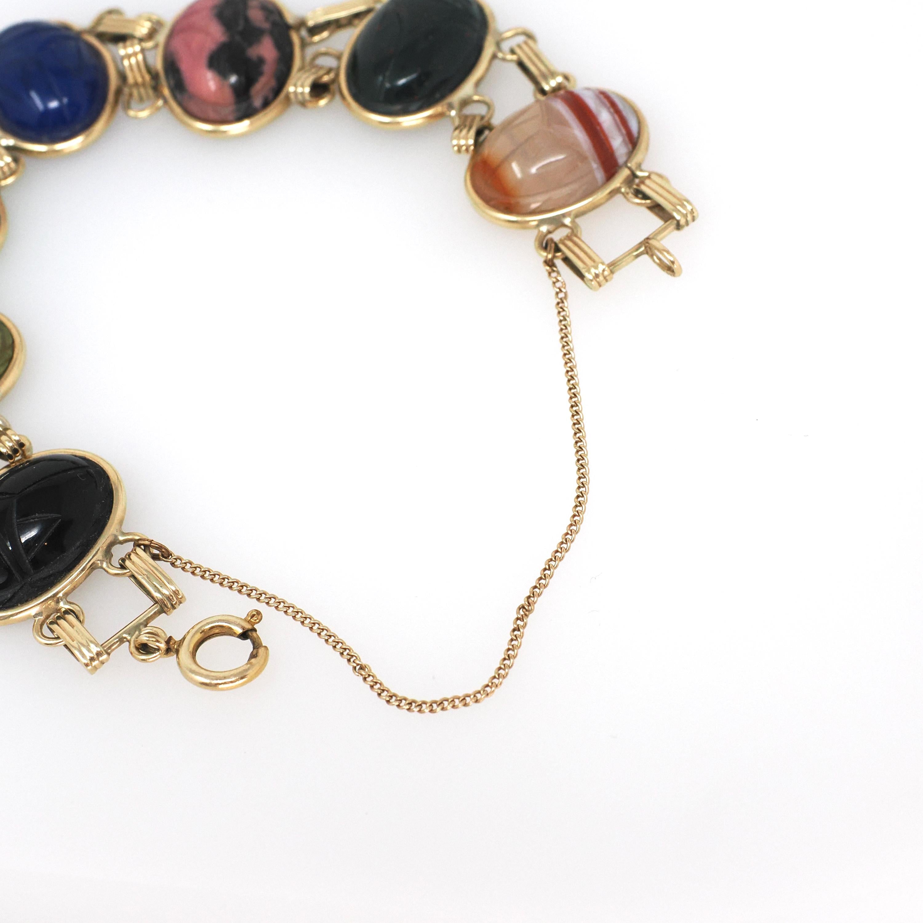 Vintage Scarab Bracelet - 12k Gold Filled Carved Natural Gems - Circa 1960s Egyptian Revival Bloodstone Banded Agate Rhodonite Jewelry