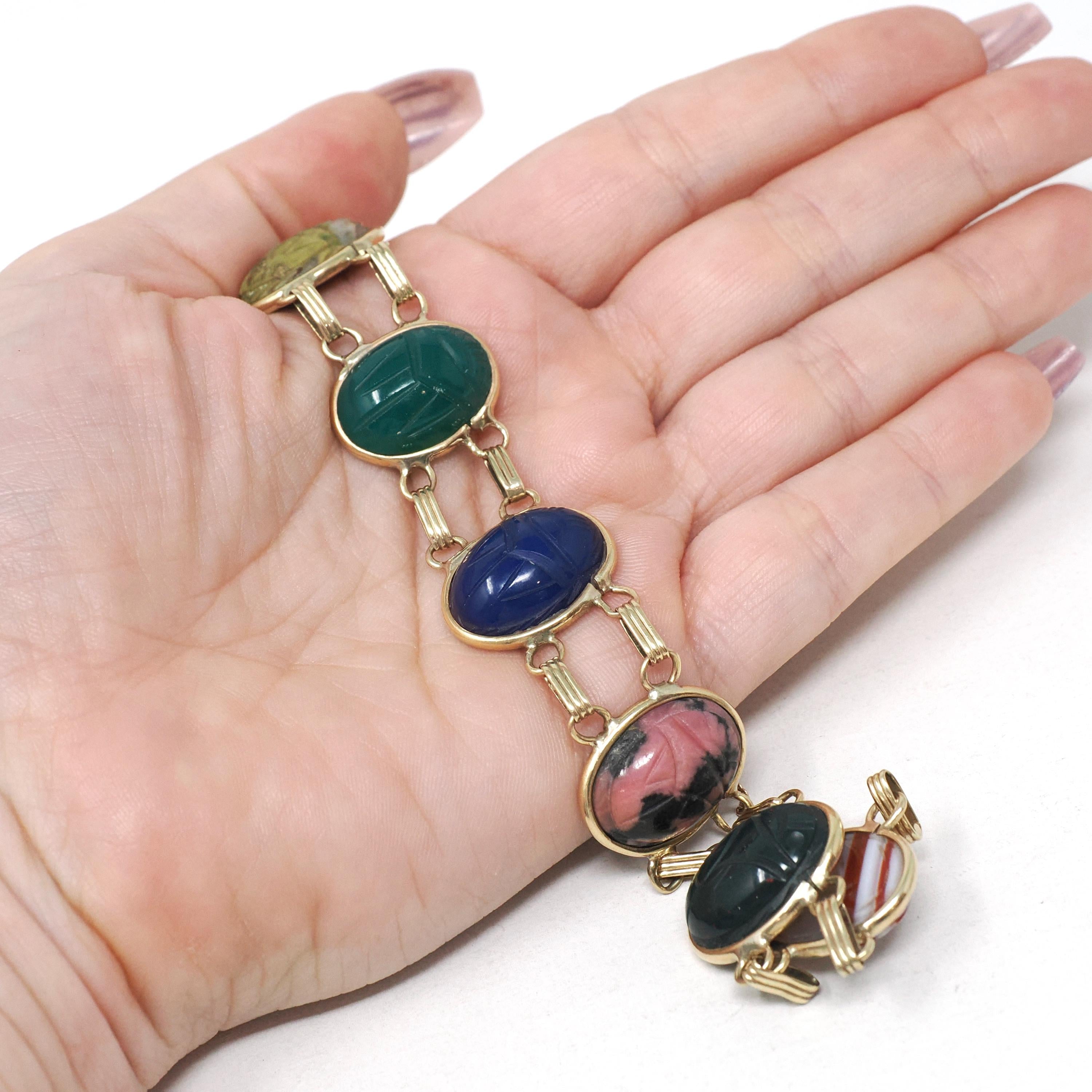 Vintage Scarab Bracelet - 12k Gold Filled Carved Natural Gems - Circa 1960s Egyptian Revival Bloodstone Banded Agate Rhodonite Jewelry