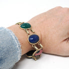 Vintage Scarab Bracelet - 12k Gold Filled Carved Natural Gems - Circa 1960s Egyptian Revival Bloodstone Banded Agate Rhodonite Jewelry
