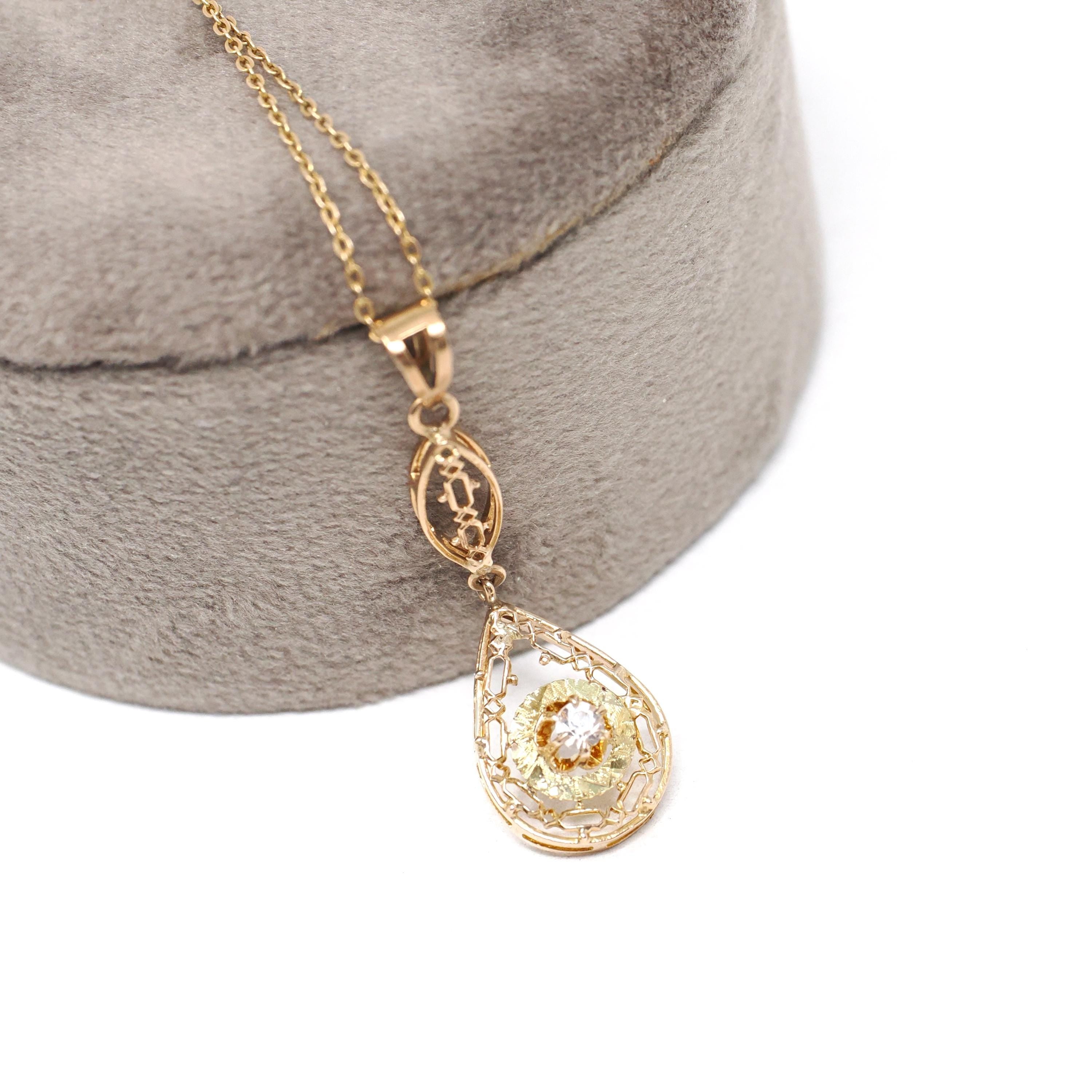 Antique Diamond Pendant - Edwardian 10k Yellow Gold .06 CT Lavalier Necklace - Circa 1910s Buttercup Flower Fine April Birthstone Jewelry