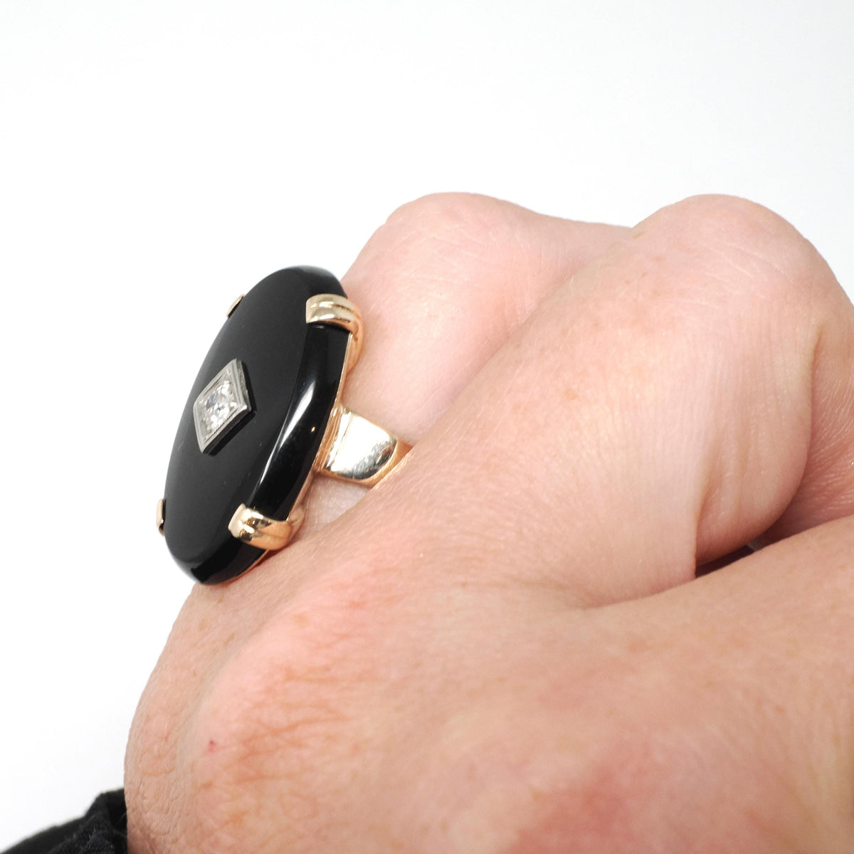 Vintage Onyx Ring - Mid Century 10k Yellow Gold Black Chalcedony & .17 CT Natural Diamond - Circa 1950s Era Size 5 Statement Fine Jewelry