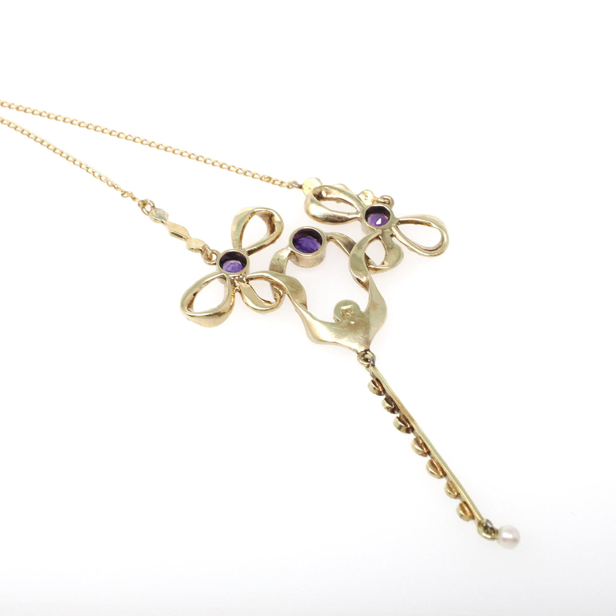 Antique Bow Lavalier - Edwardian 14k Yellow Gold Natural Purple Amethyst Seed Pearl Pendant Charm - Vintage Early 1900s Ribbon Fine Jewelry