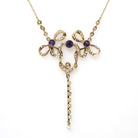 Antique Bow Lavalier - Edwardian 14k Yellow Gold Natural Purple Amethyst Seed Pearl Pendant Charm - Vintage Early 1900s Ribbon Fine Jewelry