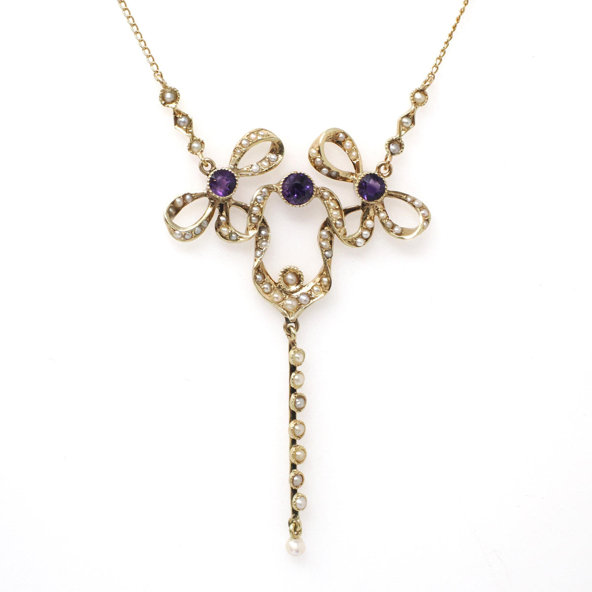 Antique Bow Lavalier - Edwardian 14k Yellow Gold Natural Purple Amethyst Seed Pearl Pendant Charm - Vintage Early 1900s Ribbon Fine Jewelry