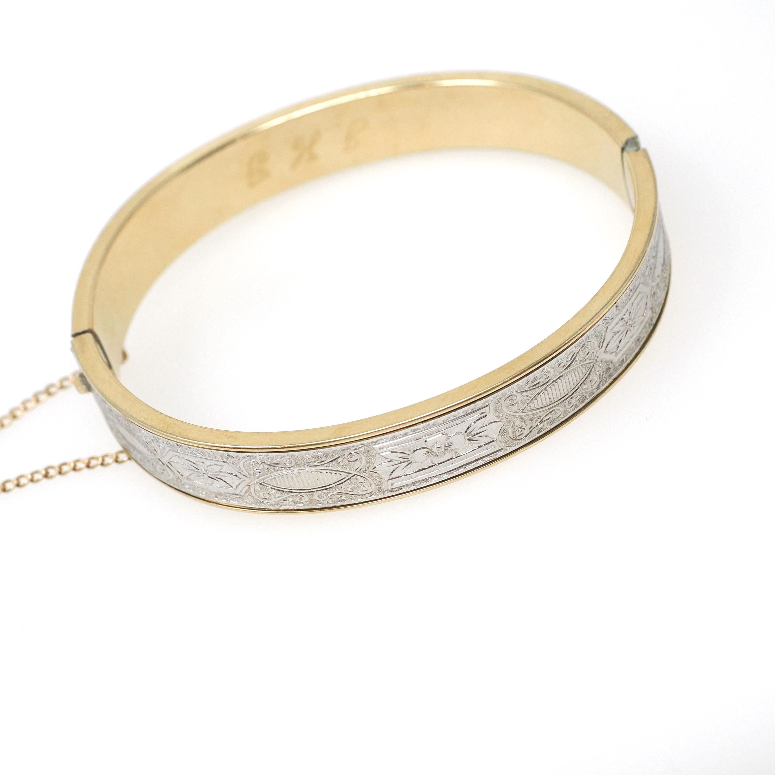Vintage Flower Bangle - Mid Century 12k Gold Filled Two Tone Hinged Bracelet - Circa 1950s Era Wide Stacking Textured Fashion Jewelry