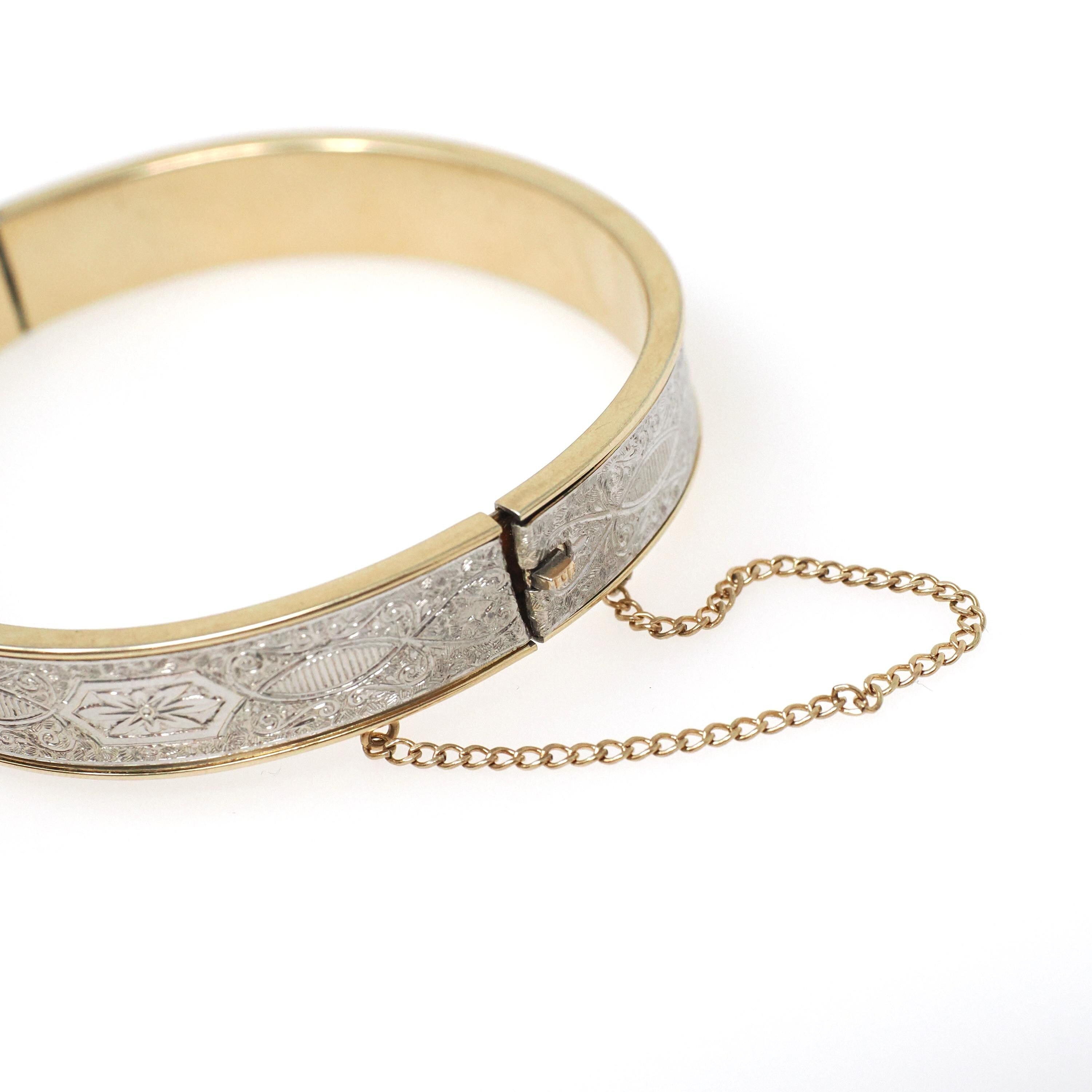 Vintage Flower Bangle - Mid Century 12k Gold Filled Two Tone Hinged Bracelet - Circa 1950s Era Wide Stacking Textured Fashion Jewelry