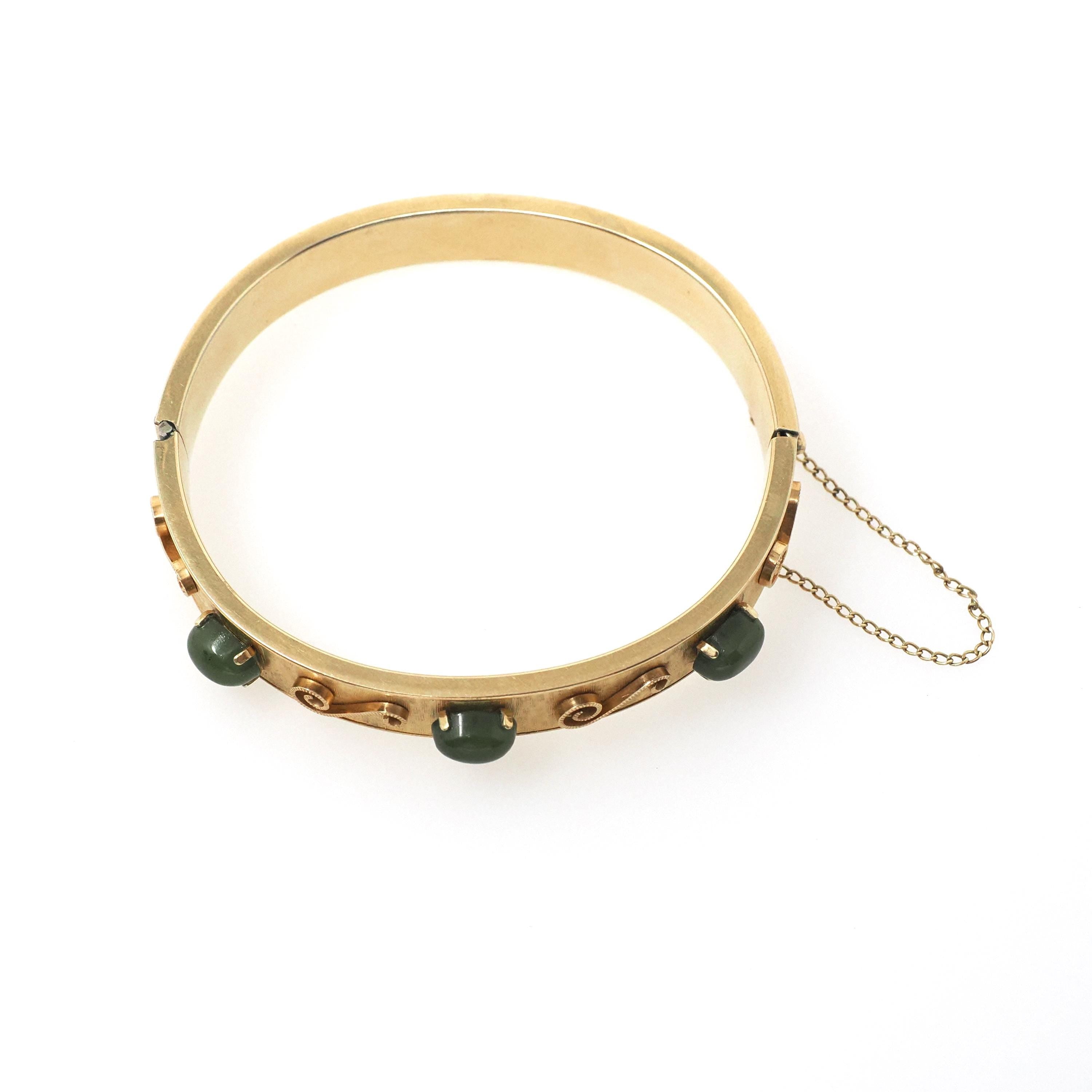 Vintage Jade Bangle - Mid Century 12k Gold Filled Nephrite Green Gem Hinged Bracelet - Circa Early 1960s Era Wide Stacking Fashion Jewelry