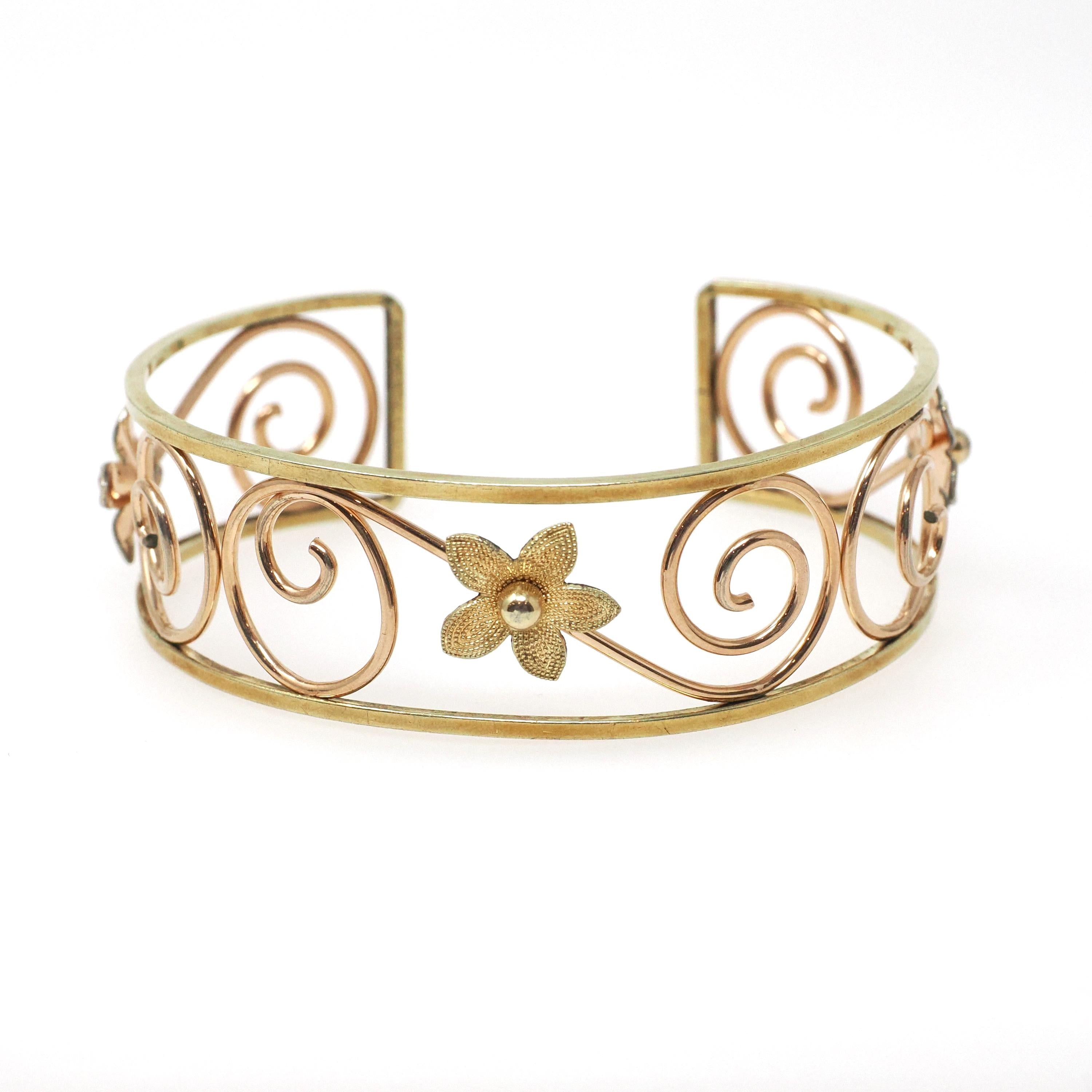 Vintage Cuff Bracelet - Mid Century Yellow & Rose Gold Filled Two Tone Open Metal Designs - Circa 1950s Era Krementz USA Statement Jewelry