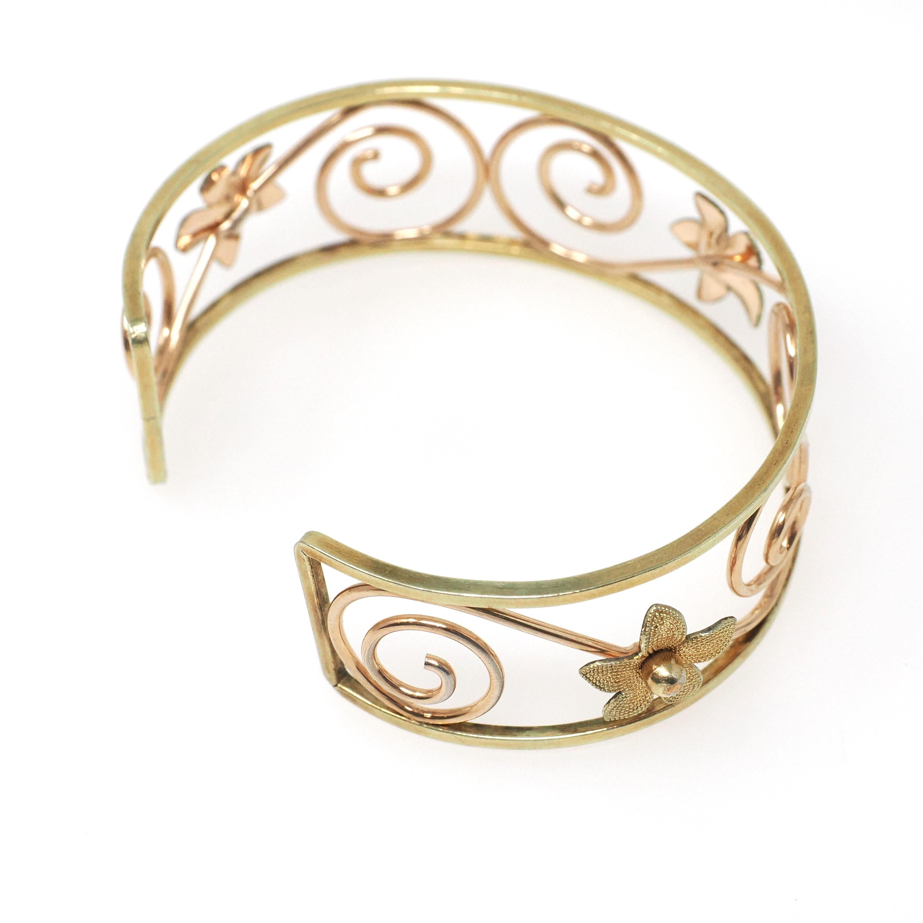 Vintage Cuff Bracelet - Mid Century Yellow & Rose Gold Filled Two Tone Open Metal Designs - Circa 1950s Era Krementz USA Statement Jewelry