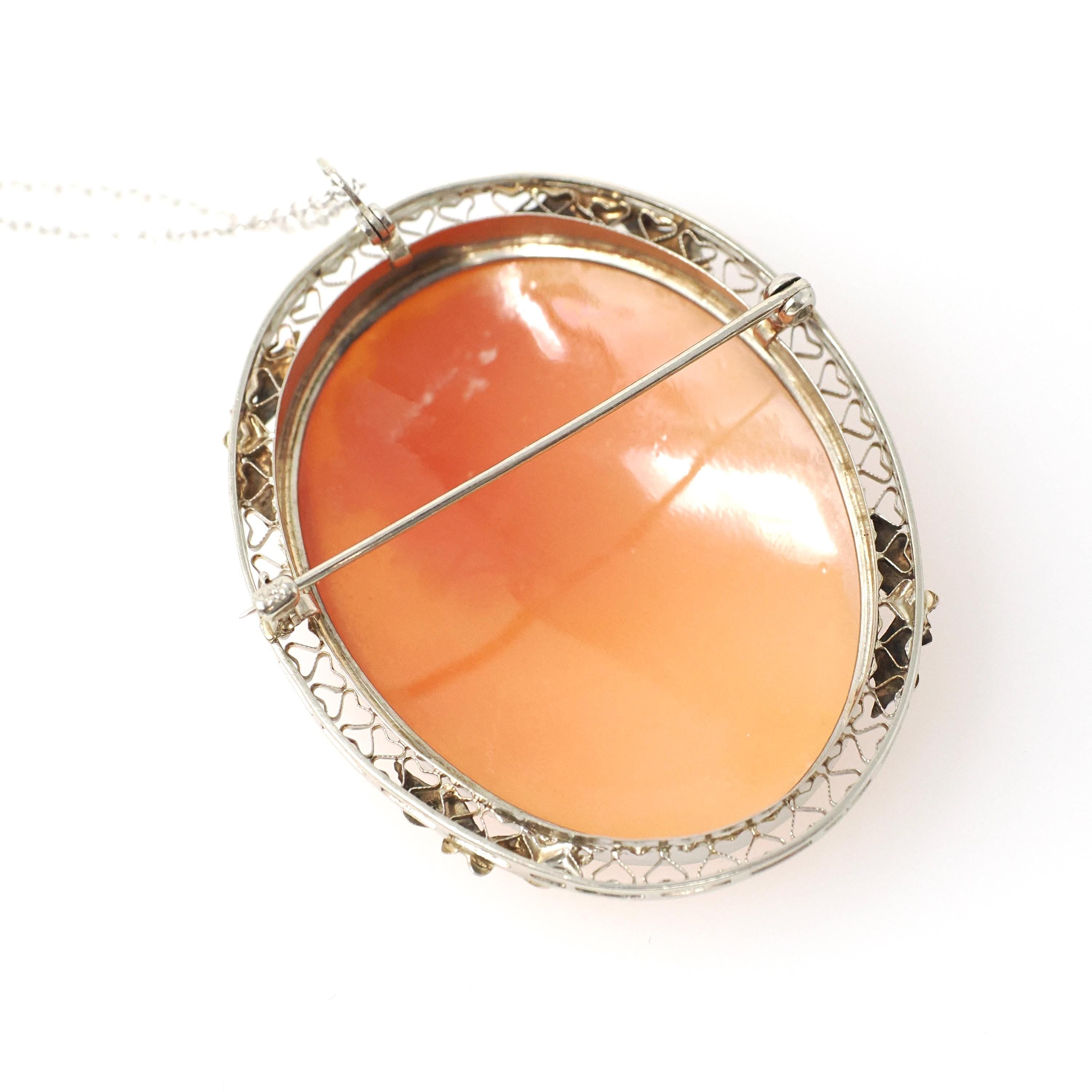 Filigree Cameo Pendant - Vintage Art Deco 14k White Gold Carved Woman Shell Necklace - Circa 1930s Era Convertible Brooch Pin Fine Jewelry