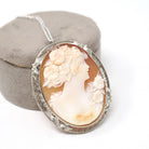 Filigree Cameo Pendant - Vintage Art Deco 14k White Gold Carved Woman Shell Necklace - Circa 1930s Era Convertible Brooch Pin Fine Jewelry