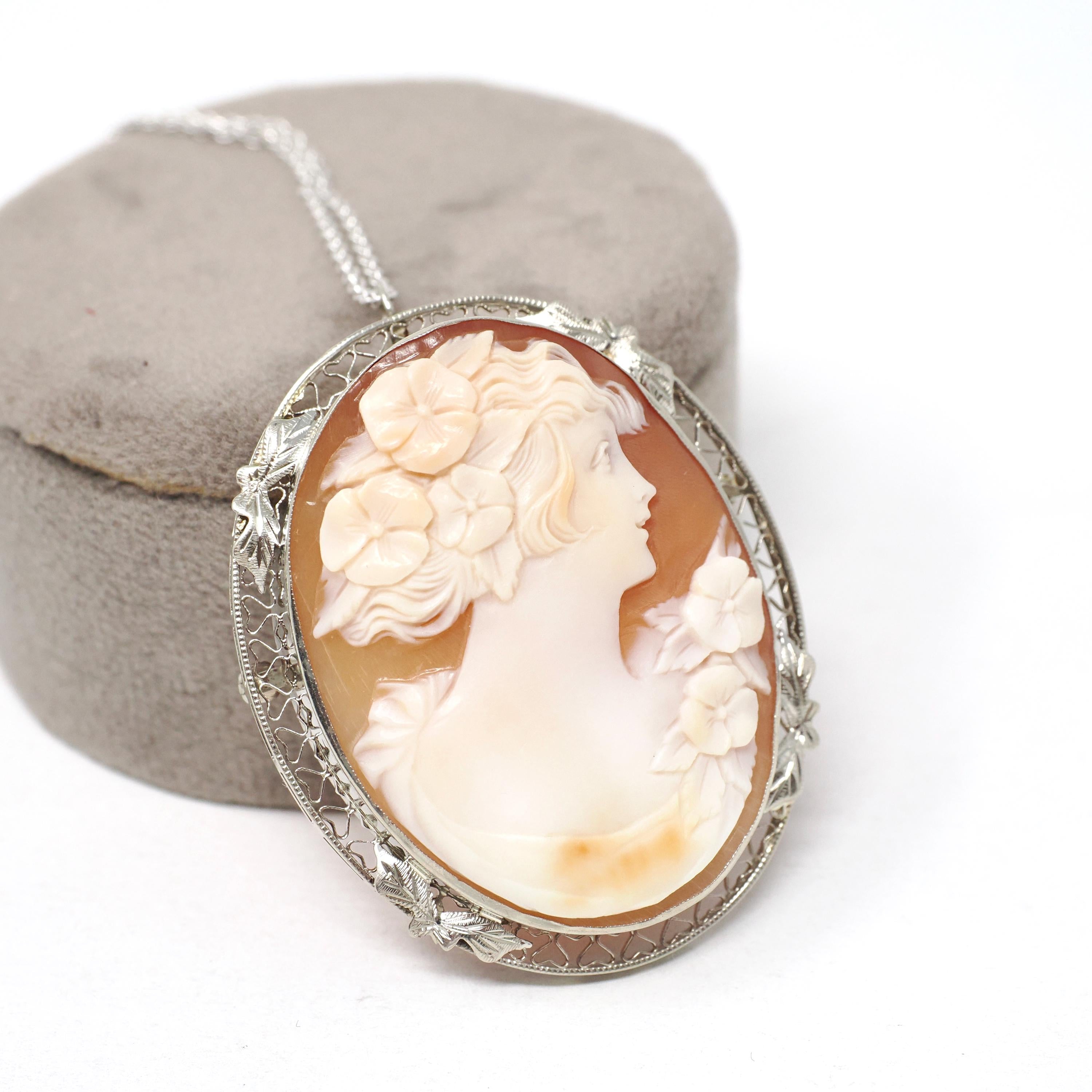 Filigree Cameo Pendant - Vintage Art Deco 14k White Gold Carved Woman Shell Necklace - Circa 1930s Era Convertible Brooch Pin Fine Jewelry