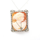 Habillé Cameo Pendant - Art Deco Era 14k White Gold Natural Diamond Carved Shell Woman's Profile Necklace - Vintage Circa 1930s Fine Jewelry