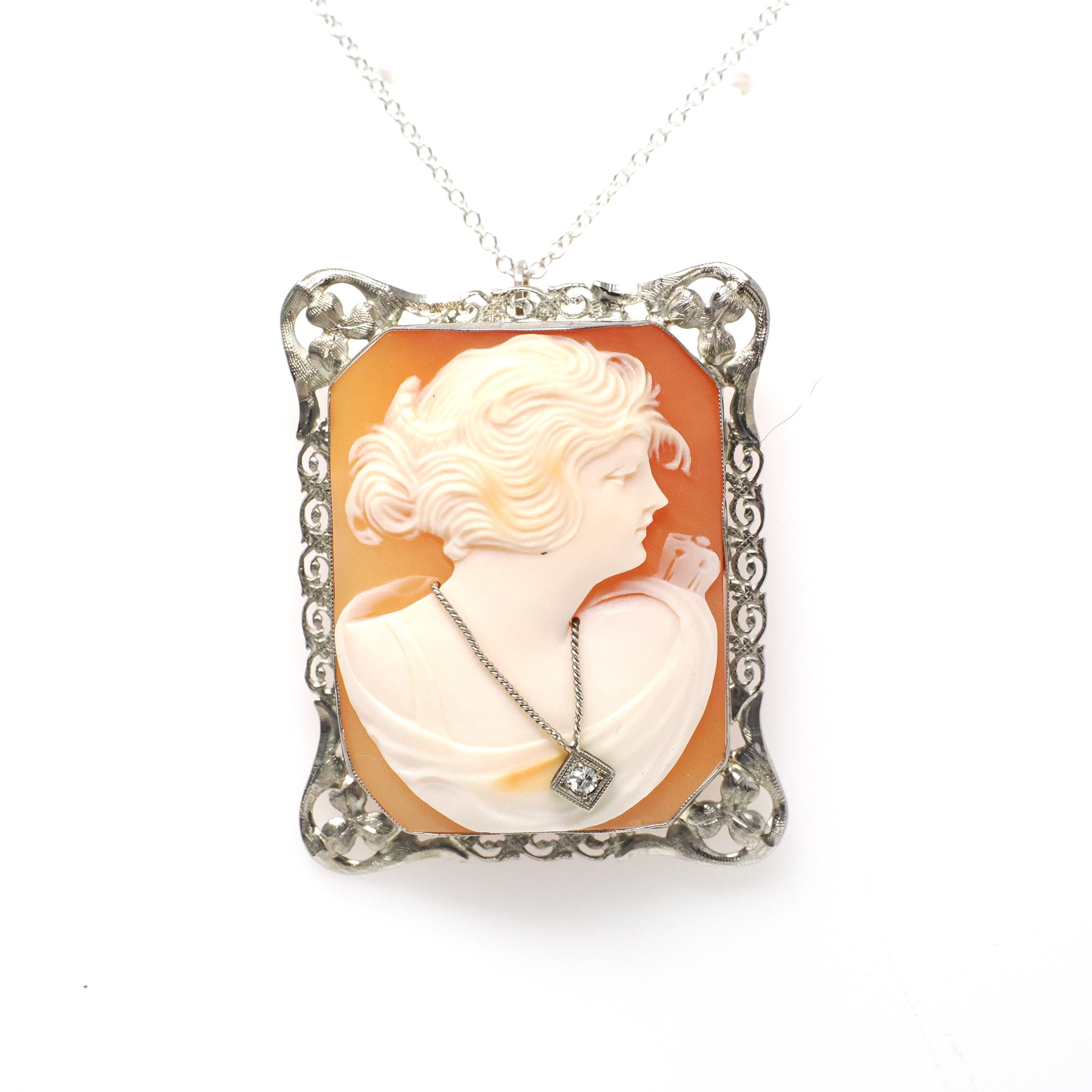 Habillé Cameo Pendant - Art Deco Era 14k White Gold Natural Diamond Carved Shell Woman's Profile Necklace - Vintage Circa 1930s Fine Jewelry