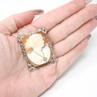 Habillé Cameo Pendant - Art Deco Era 14k White Gold Natural Diamond Carved Shell Woman's Profile Necklace - Vintage Circa 1930s Fine Jewelry