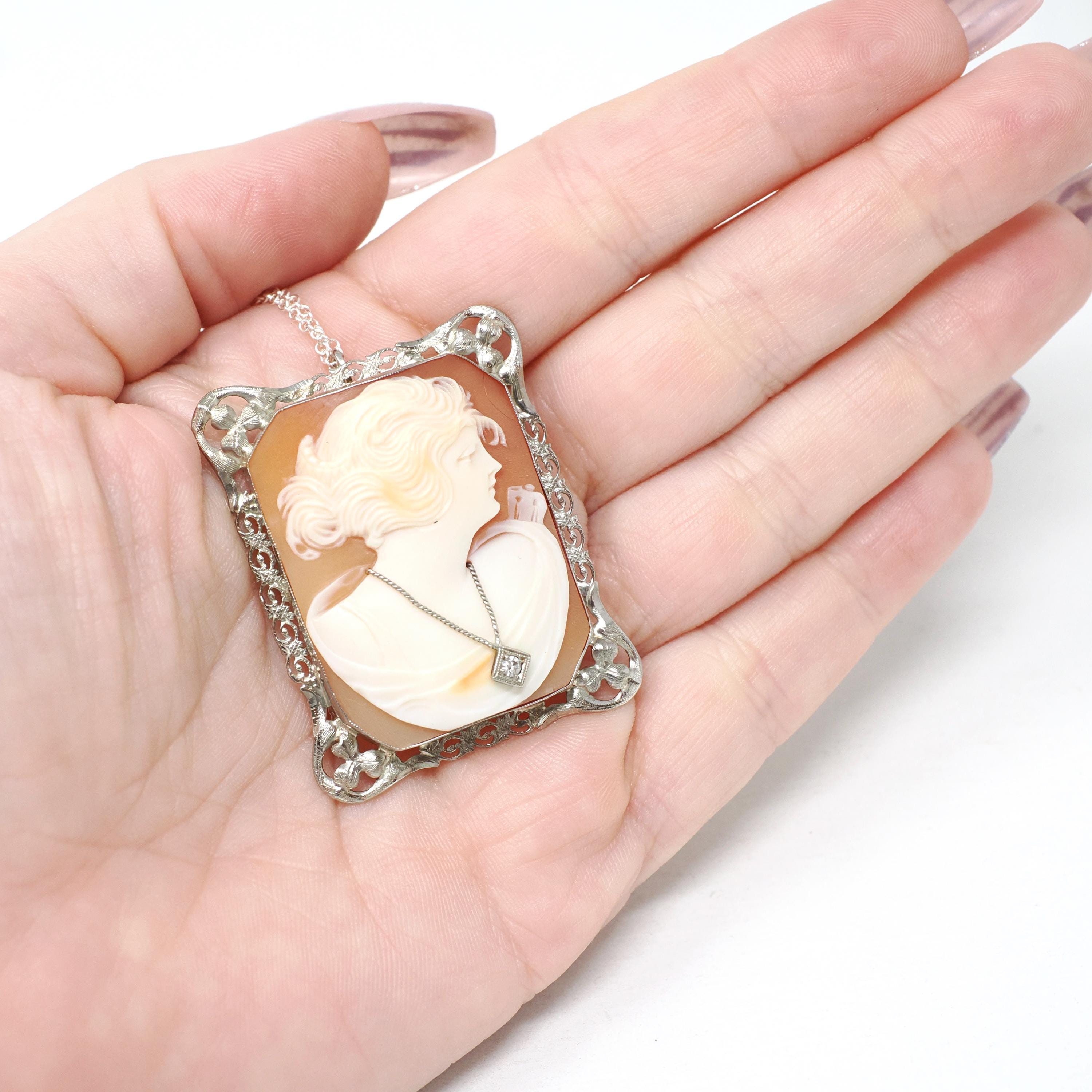 Habillé Cameo Pendant - Art Deco Era 14k White Gold Natural Diamond Carved Shell Woman's Profile Necklace - Vintage Circa 1930s Fine Jewelry
