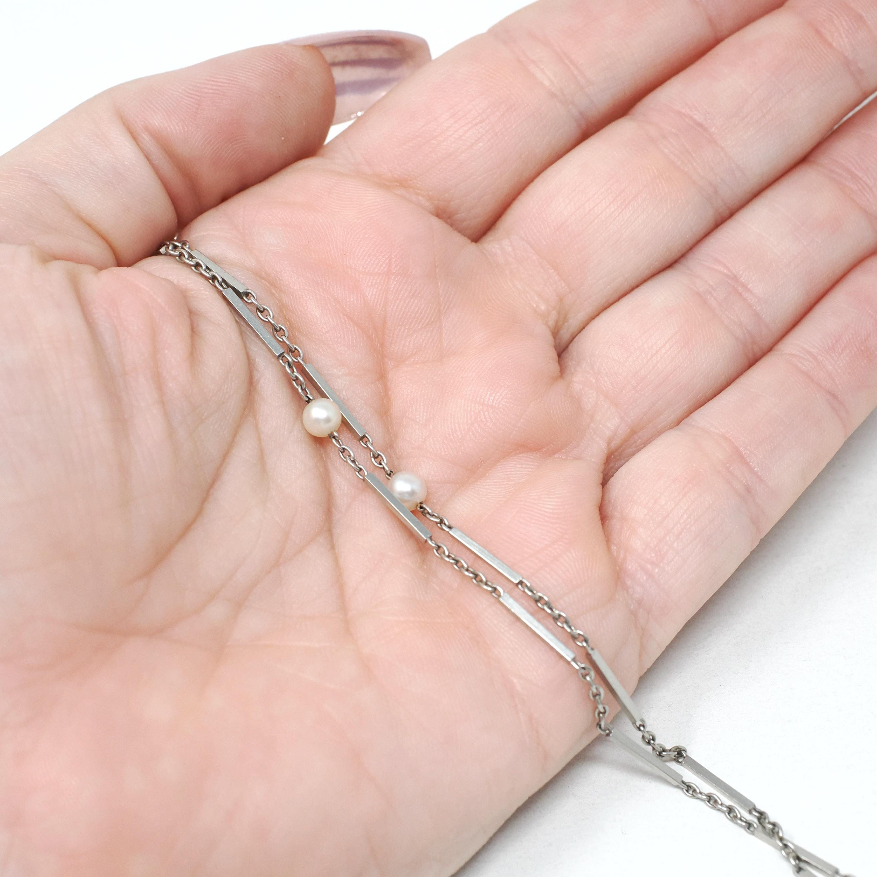 Pearl Watch Chain - Antique 18k White Gold & Platinum Dog Clip Spring Ring Curb Links And Bars - Art Deco Circa 1920s Fine Dainty Jewelry