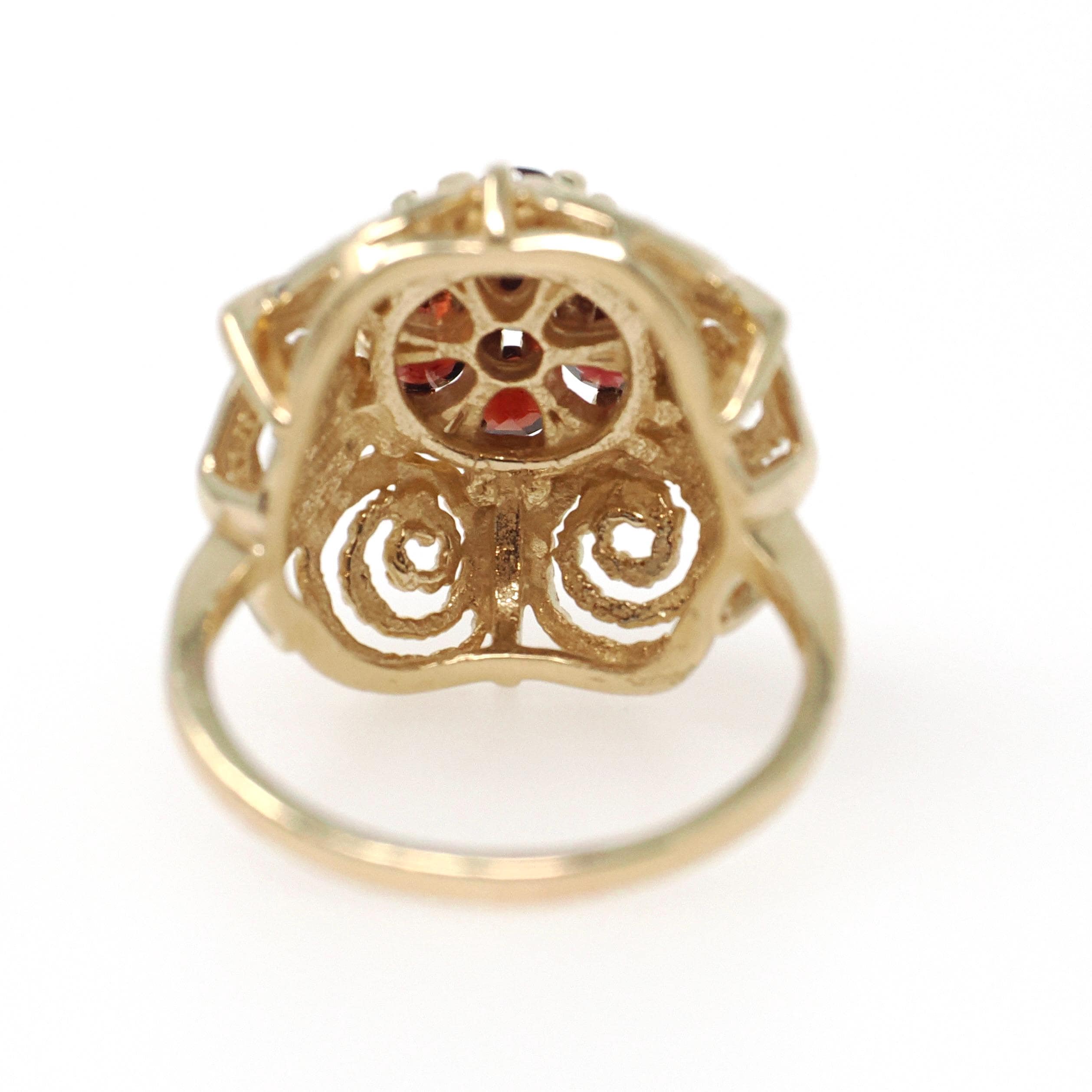 Vintage Garnet Flower Ring - Modernist 14k Yellow Gold Natural Red Gemstone Cluster - Circa 1970s Size 7 1/4 January Birthstone Fine Jewelry