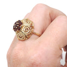 Vintage Garnet Flower Ring - Modernist 14k Yellow Gold Natural Red Gemstone Cluster - Circa 1970s Size 7 1/4 January Birthstone Fine Jewelry