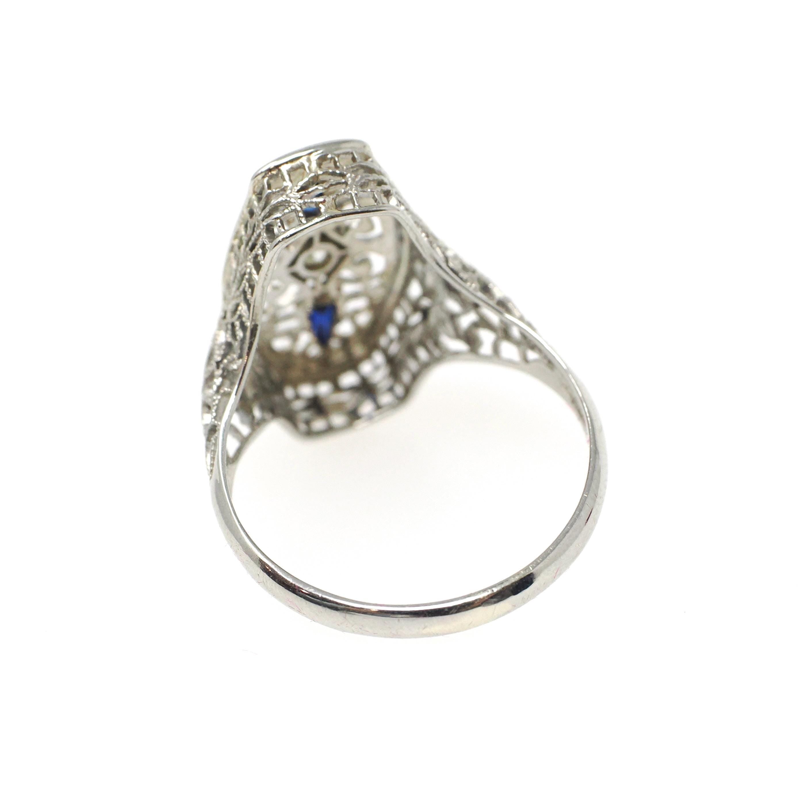 Art Deco Shield Ring - Antique 18k White Gold Filigree Diamond Created Sapphire Statement - Circa 1920s Era Size 6 Fine Statement Jewelry
