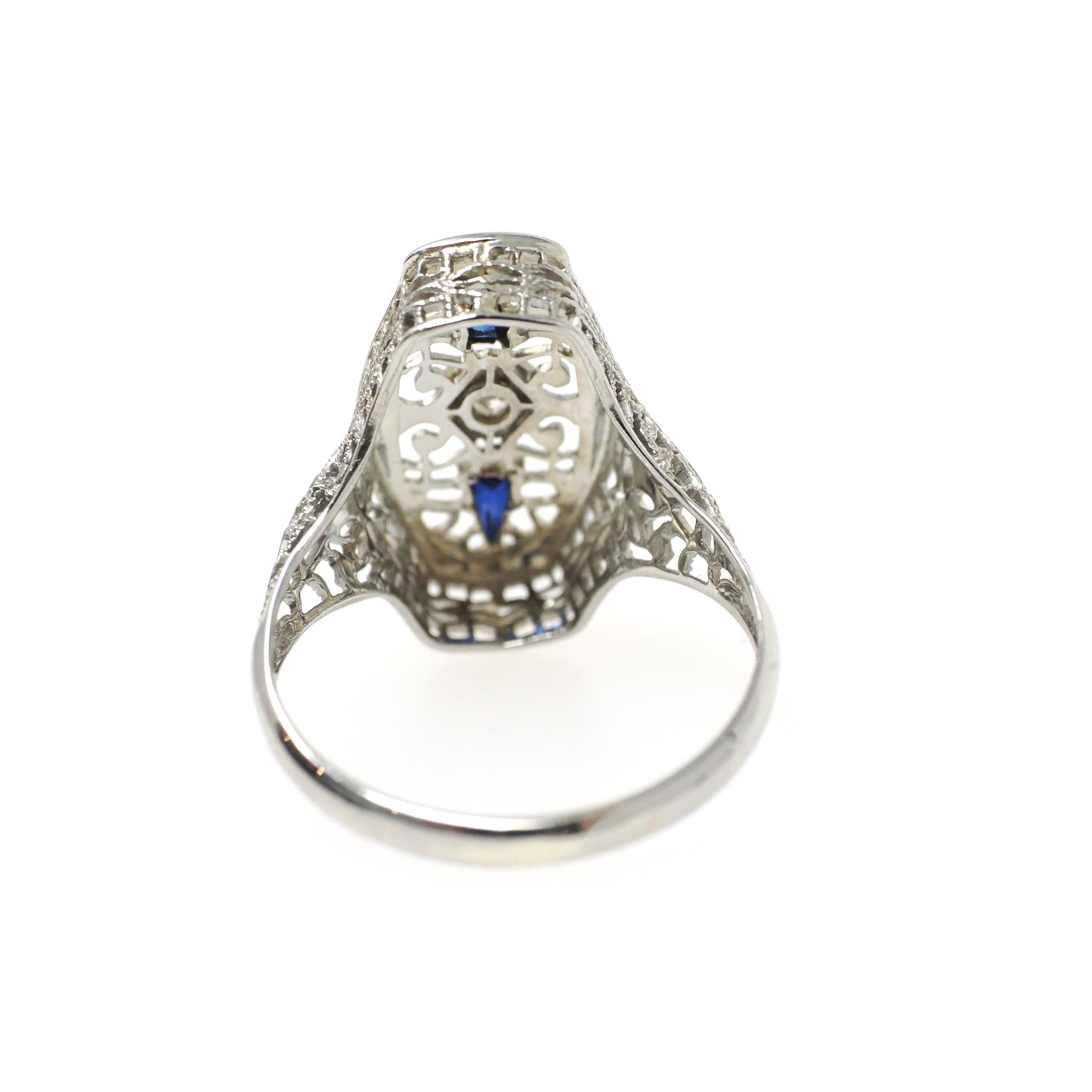 Art Deco Shield Ring - Antique 18k White Gold Filigree Diamond Created Sapphire Statement - Circa 1920s Era Size 6 Fine Statement Jewelry