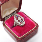 Art Deco Shield Ring - Antique 18k White Gold Filigree Diamond Created Sapphire Statement - Circa 1920s Era Size 6 Fine Statement Jewelry