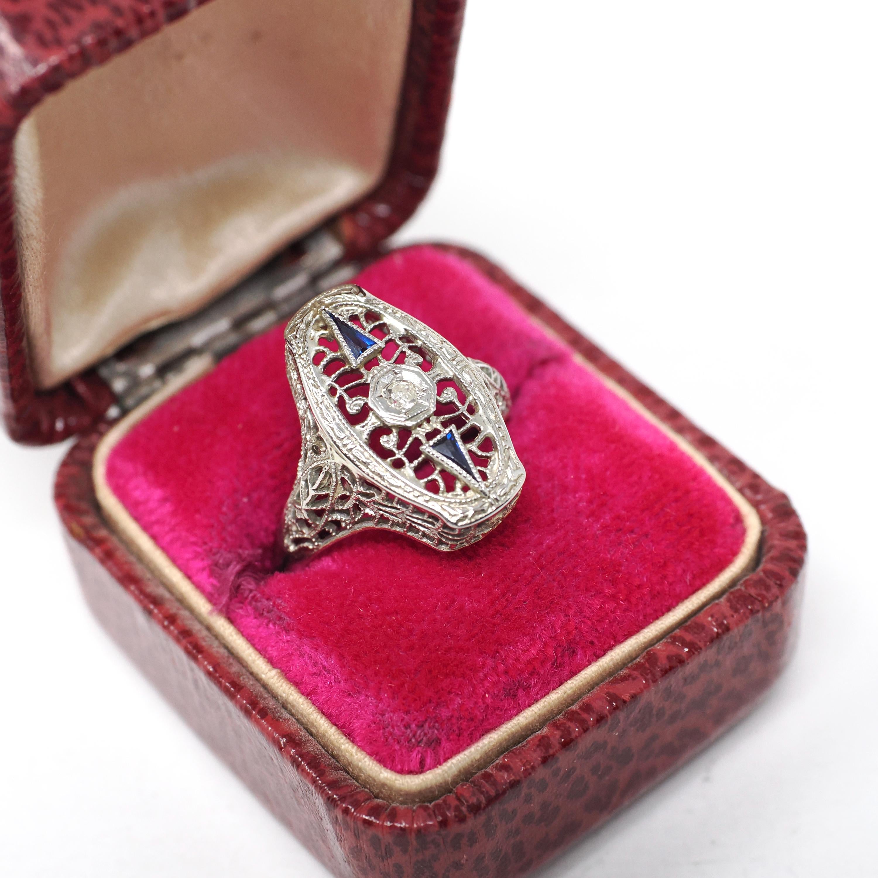 Art Deco Shield Ring - Antique 18k White Gold Filigree Diamond Created Sapphire Statement - Circa 1920s Era Size 6 Fine Statement Jewelry