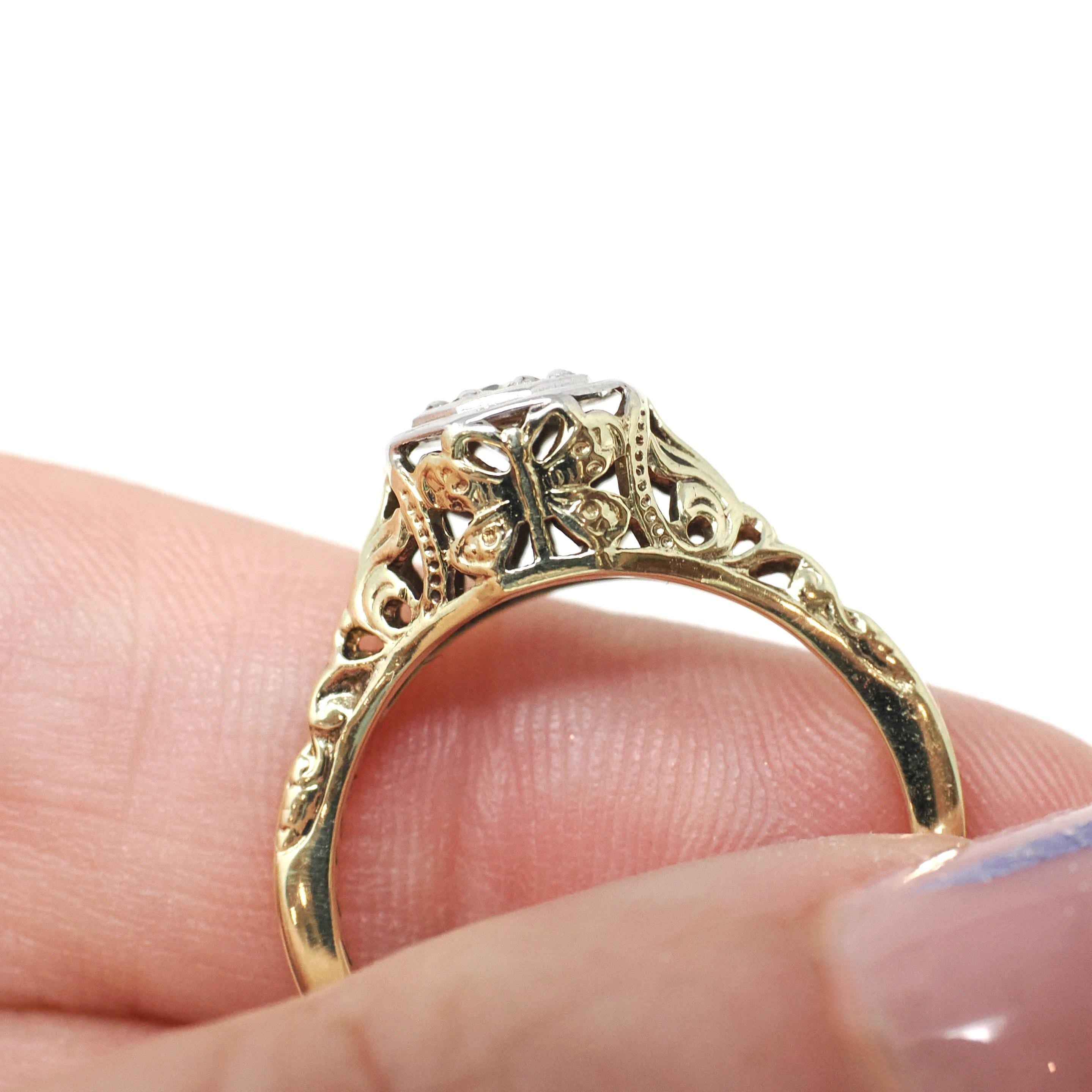 Art Deco Engagement Ring - Vintage 14k White & Yellow Gold Rare Butterfly Filigree 0.12 CT Diamond - Circa 1930s Era Size 5 3/4 Fine Jewelry