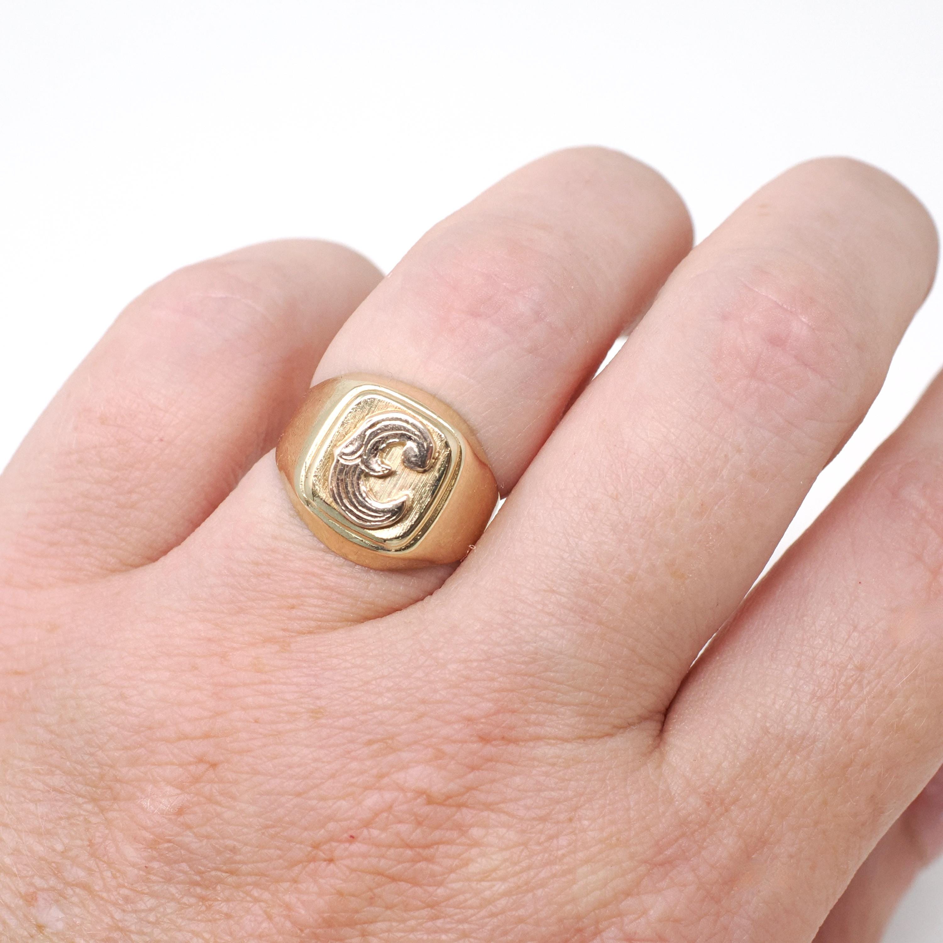 Letter "C" Ring - Estate 14k Yellow Gold Initial Initial Monogram Signet - Contemporary Circa 1990s Era Size 4 1/2 Fine Statement Jewelry