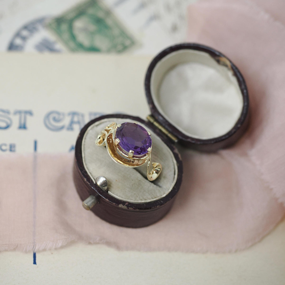 Created Color Change Sapphire Ring - Mid Century 10k Yellow Gold Natural 2.74 CT Gem - Circa 1960s Era Size 6 Victorian Revival Fine Jewelry