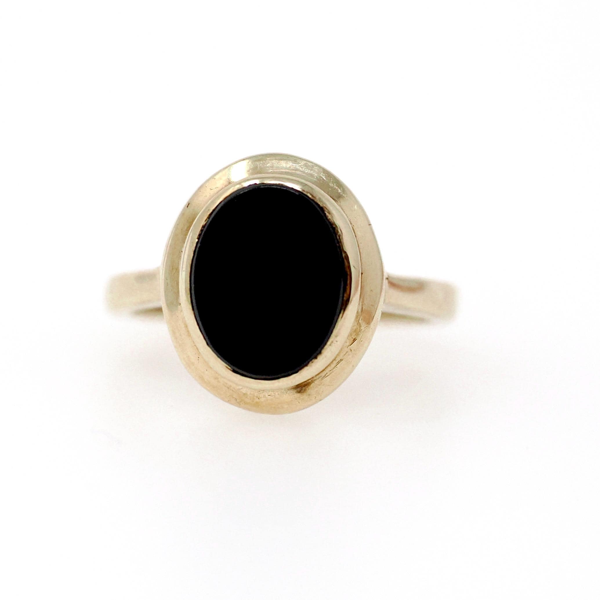 Mid Century Onyx Ring - Vintage 10k Yellow Gold Black Chalcedony