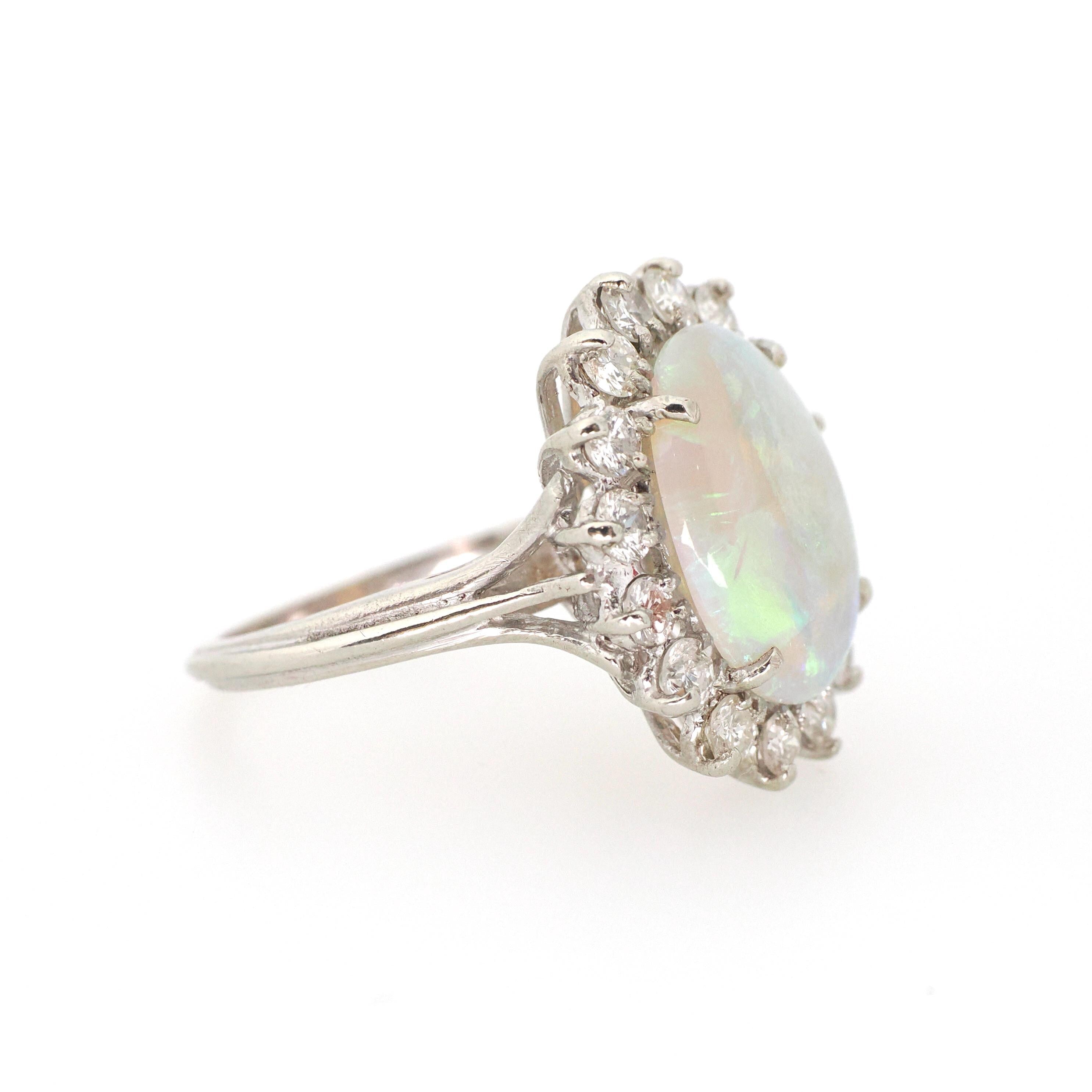 Opal & Diamond Halo Ring - Modern 14k White Gold Oval Natural Gem .88 CTW - Estate Circa 1980s Era Size 4 1/2 Cluster Fine Statement Jewelry