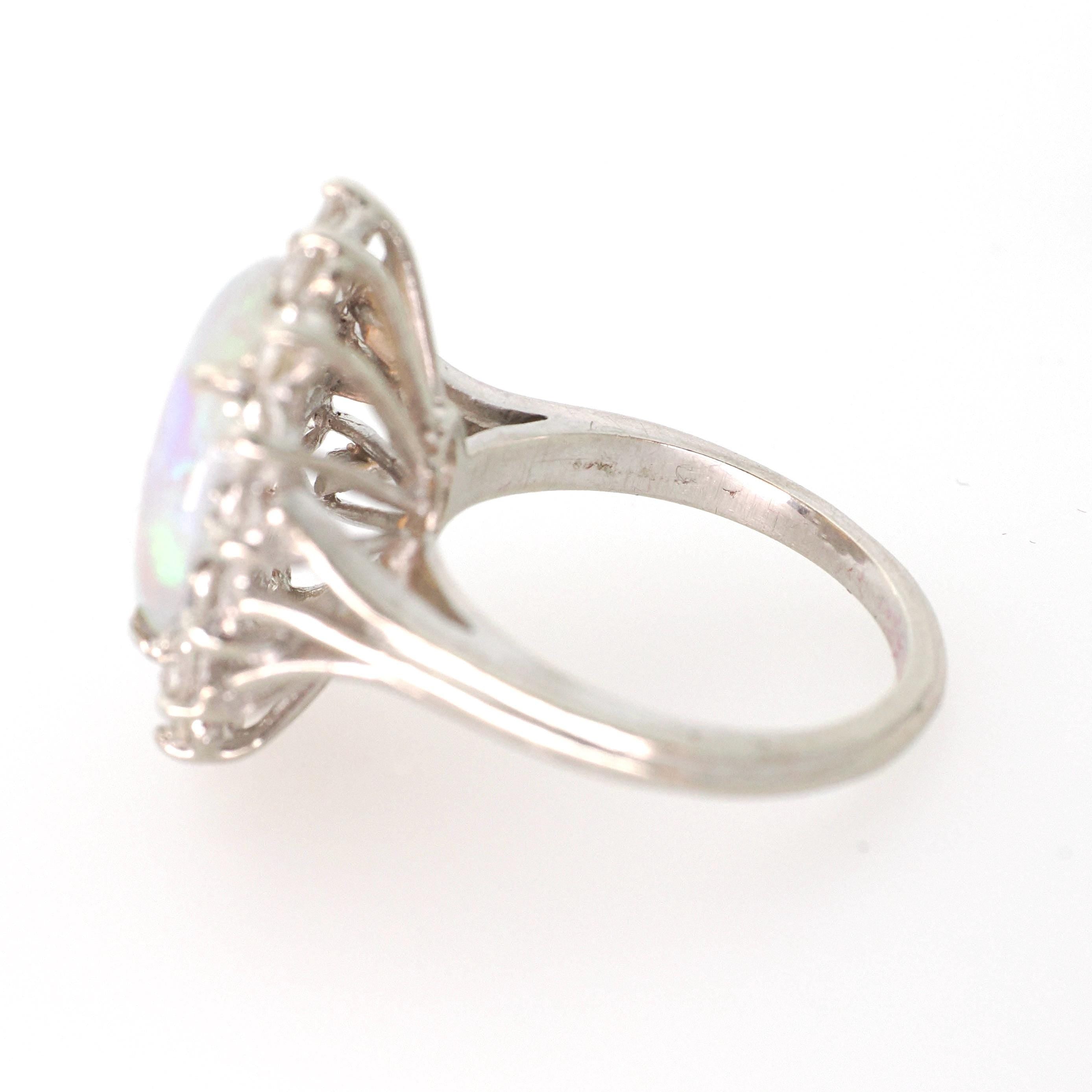 Opal & Diamond Halo Ring - Modern 14k White Gold Oval Natural Gem .88 CTW - Estate Circa 1980s Era Size 4 1/2 Cluster Fine Statement Jewelry