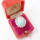 Opal & Diamond Halo Ring - Modern 14k White Gold Oval Natural Gem .88 CTW - Estate Circa 1980s Era Size 4 1/2 Cluster Fine Statement Jewelry