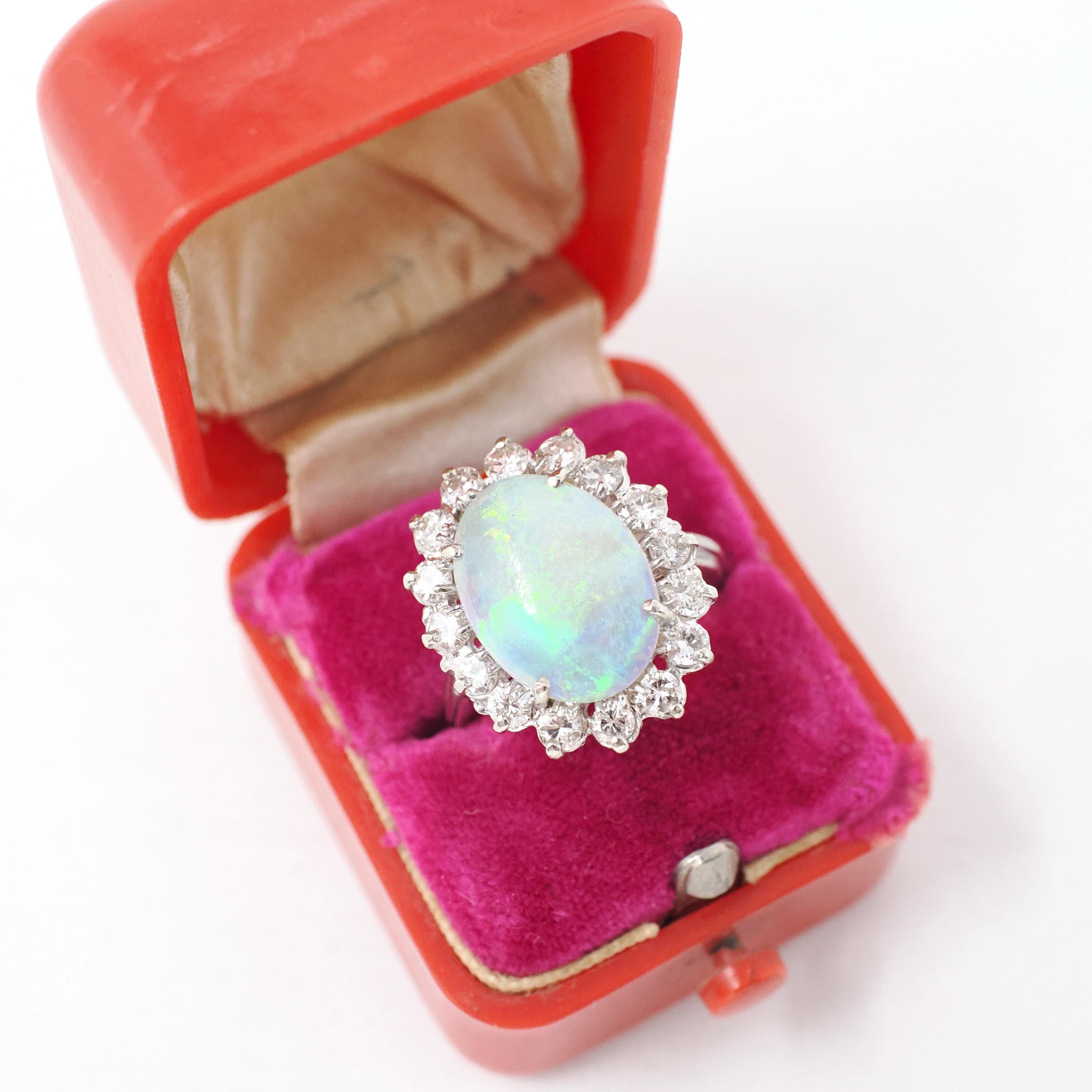 Opal & Diamond Halo Ring - Modern 14k White Gold Oval Natural Gem .88 CTW - Estate Circa 1980s Era Size 4 1/2 Cluster Fine Statement Jewelry