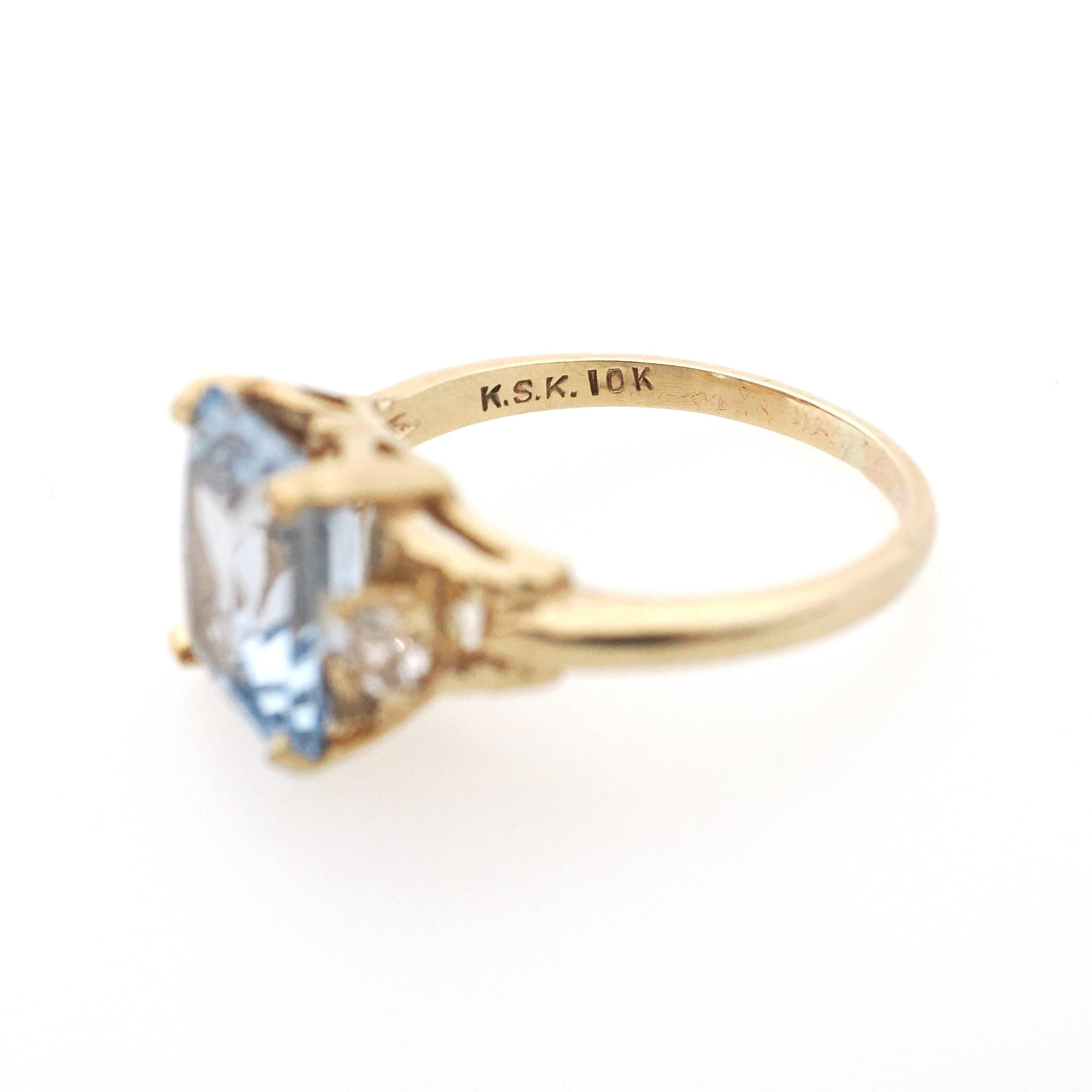 Created Spinel Ring - Mid Century 10k Yellow Gold French Cut Blue Gem Simulated Accents - Circa 1950s Era Size 5 1/2 Fine Statement Jewelry