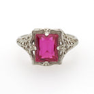 Created Ruby Ring - Vintage 14k White Gold 4.25 CT French Cut Red Art Deco Filigree - Circa 1930s Size 6 1/2 July Birthstone Fine Jewelry