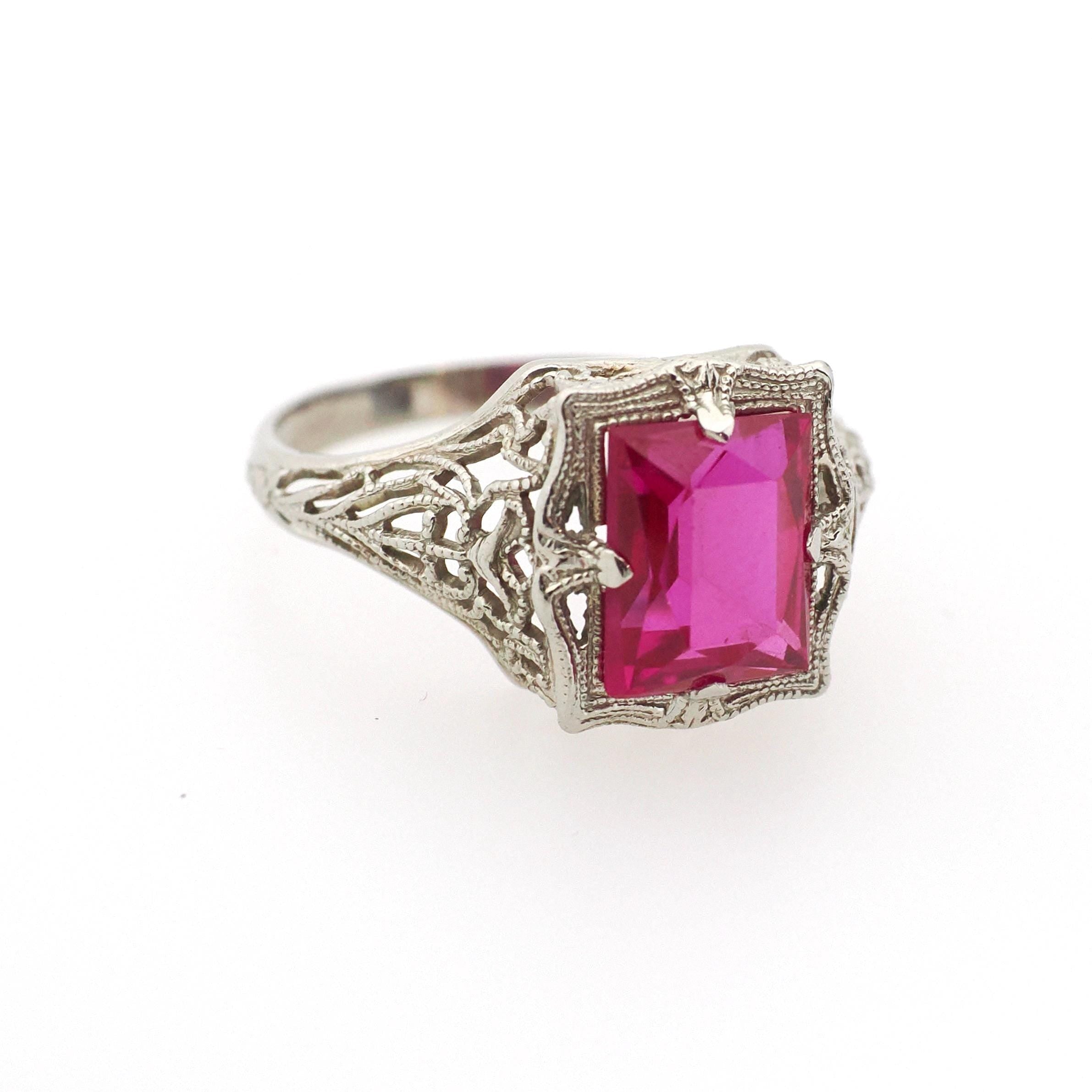 Created Ruby Ring - Vintage 14k White Gold 4.25 CT French Cut Red Art Deco Filigree - Circa 1930s Size 6 1/2 July Birthstone Fine Jewelry
