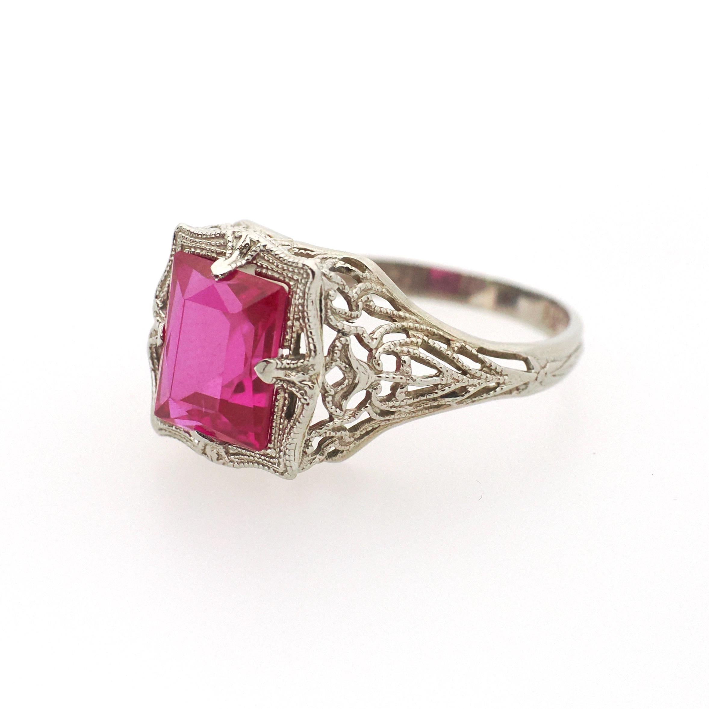 Created Ruby Ring - Vintage 14k White Gold 4.25 CT French Cut Red Art Deco Filigree - Circa 1930s Size 6 1/2 July Birthstone Fine Jewelry