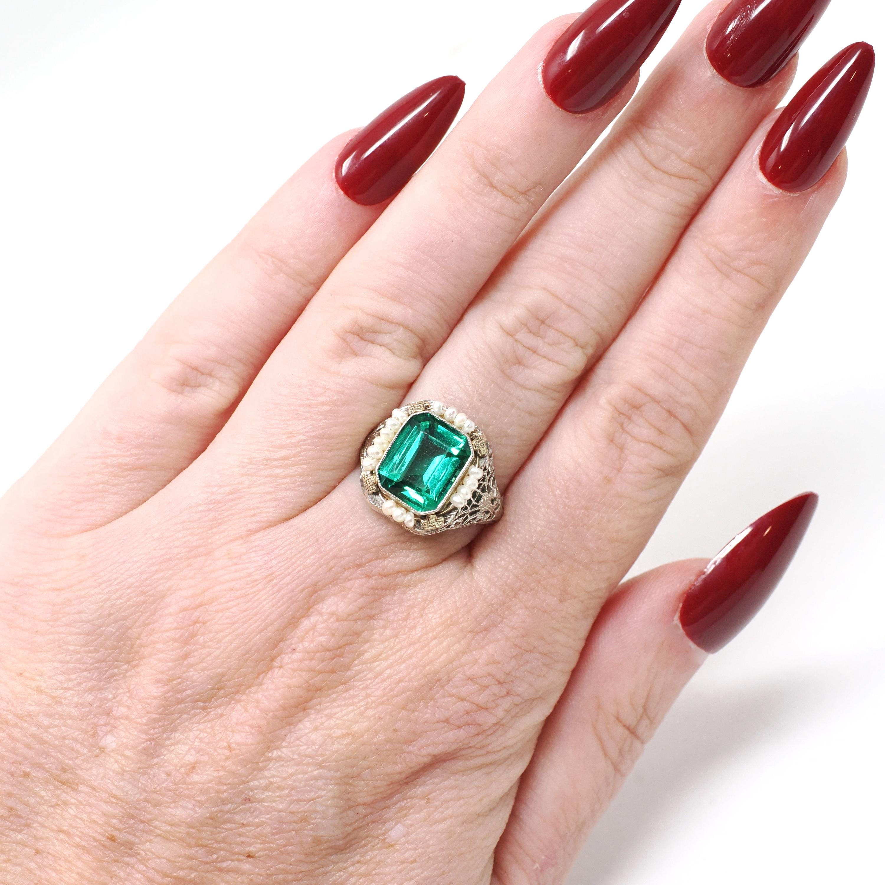 Simulated Emerald Ring - Art Deco Era 14k White Gold French Cut Green Glass & Seed Pearl Halo - Circa 1930s Size 6 3/4 Filigree Fine Jewelry