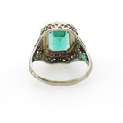 Simulated Emerald Ring - Art Deco Era 14k White Gold French Cut Green Glass & Seed Pearl Halo - Circa 1930s Size 6 3/4 Filigree Fine Jewelry
