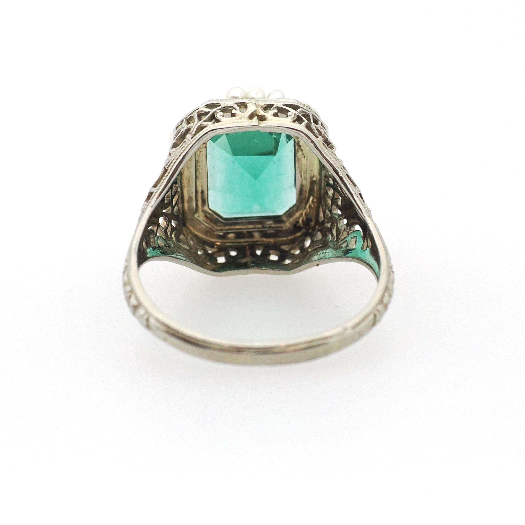 Simulated Emerald Ring - Art Deco Era 14k White Gold French Cut Green Glass & Seed Pearl Halo - Circa 1930s Size 6 3/4 Filigree Fine Jewelry