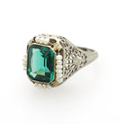 Simulated Emerald Ring - Art Deco Era 14k White Gold French Cut Green Glass & Seed Pearl Halo - Circa 1930s Size 6 3/4 Filigree Fine Jewelry