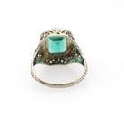 Simulated Emerald Ring - Art Deco Era 14k White Gold French Cut Green Glass & Seed Pearl Halo - Circa 1930s Size 6 3/4 Filigree Fine Jewelry