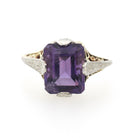 Vintage Amethyst Ring - Art Deco 14k Yellow & White Gold Filigree Emerald Cut Purple Gem - Circa 1930s Era Size 6 1/2 Floral Fine Jewelry
